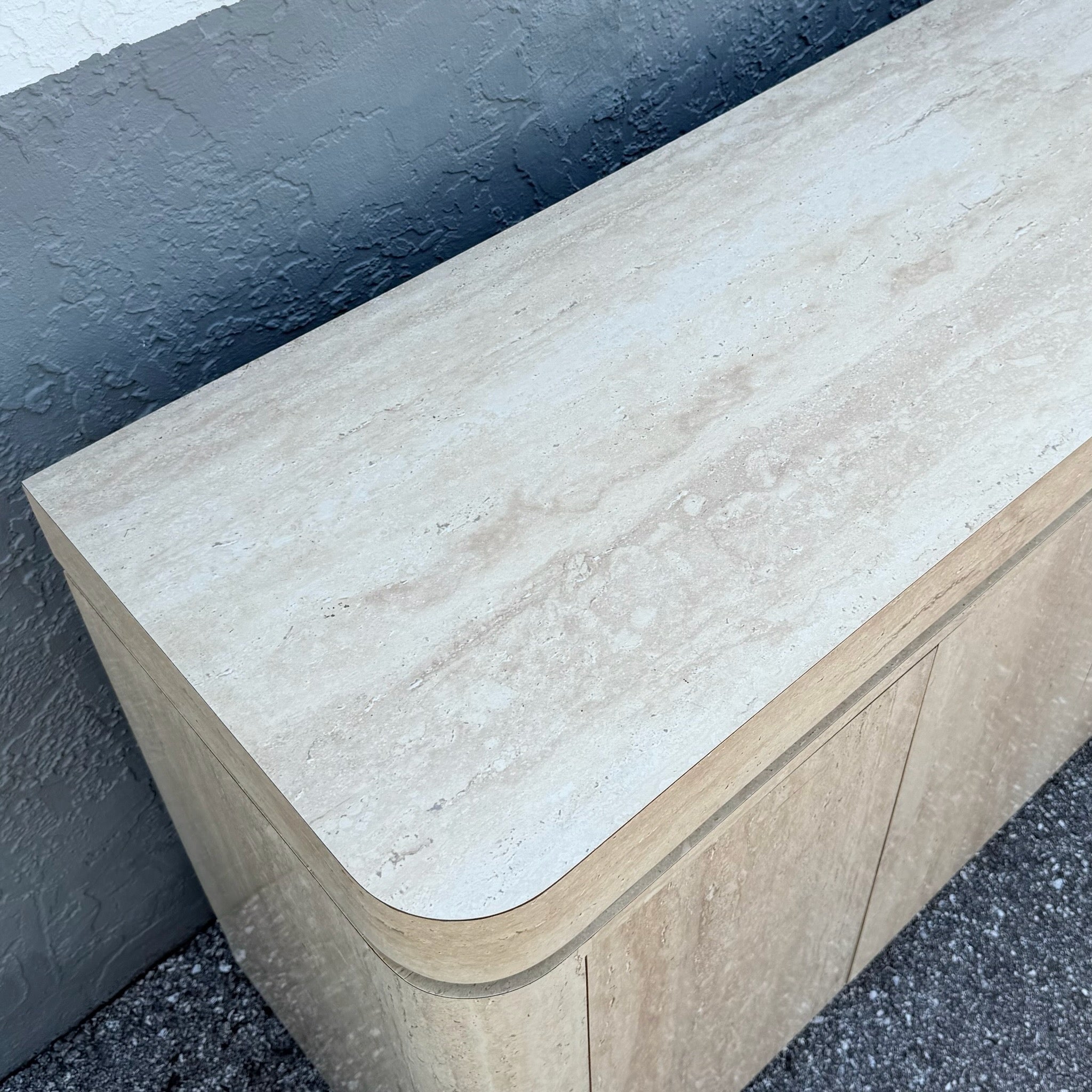 Postmodern Faux Travertine Laminate Credenza With Gold Accent Dolphin & Flamingo