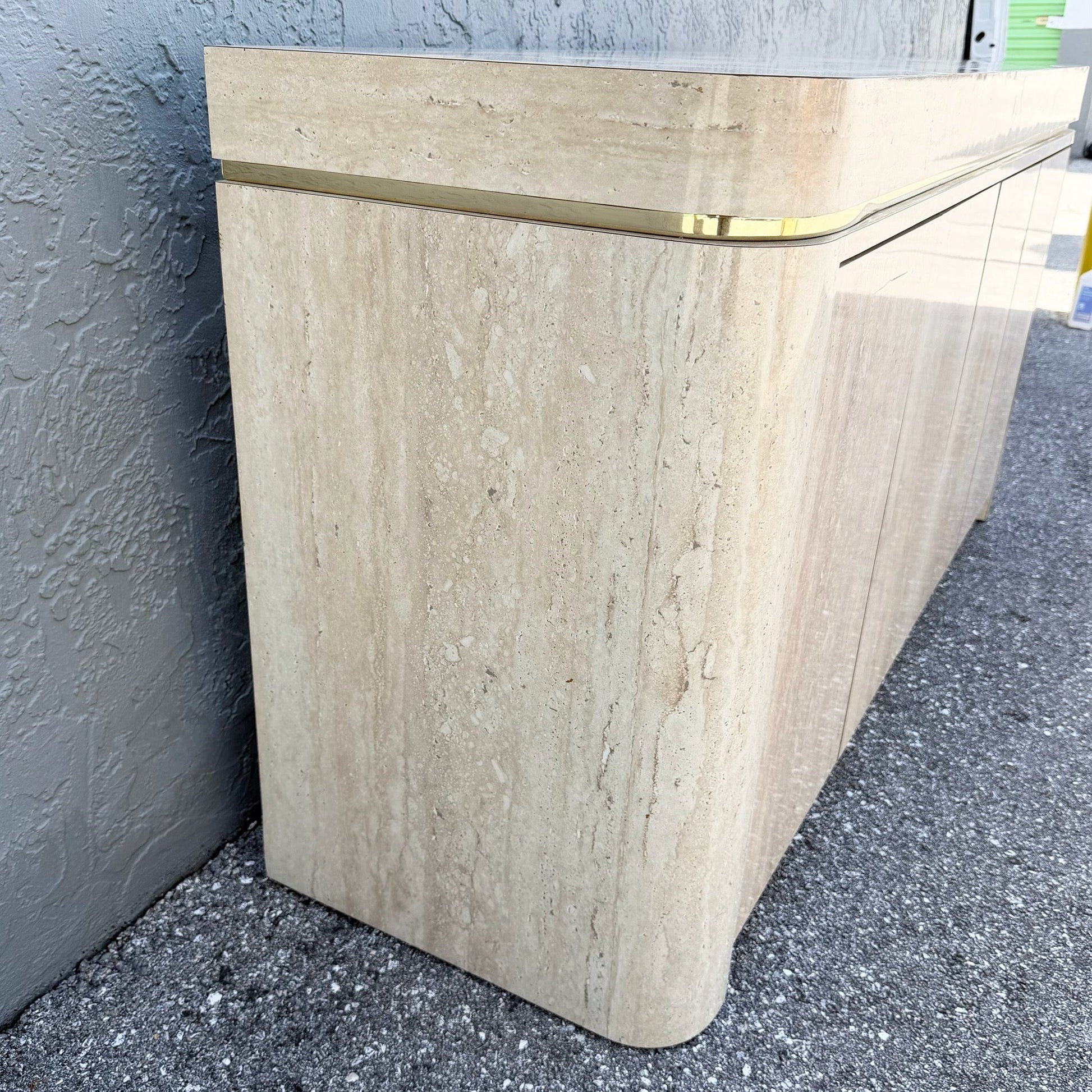 Postmodern Faux Travertine Laminate Credenza With Gold Accent Dolphin & Flamingo