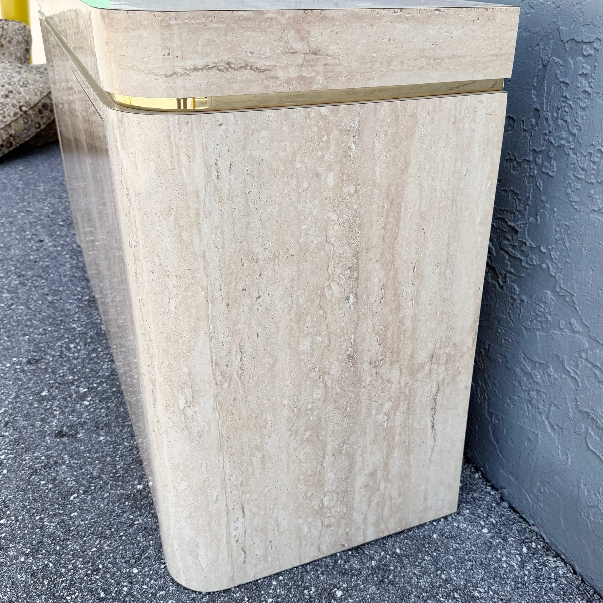 Postmodern Faux Travertine Laminate Credenza With Gold Accent Dolphin & Flamingo