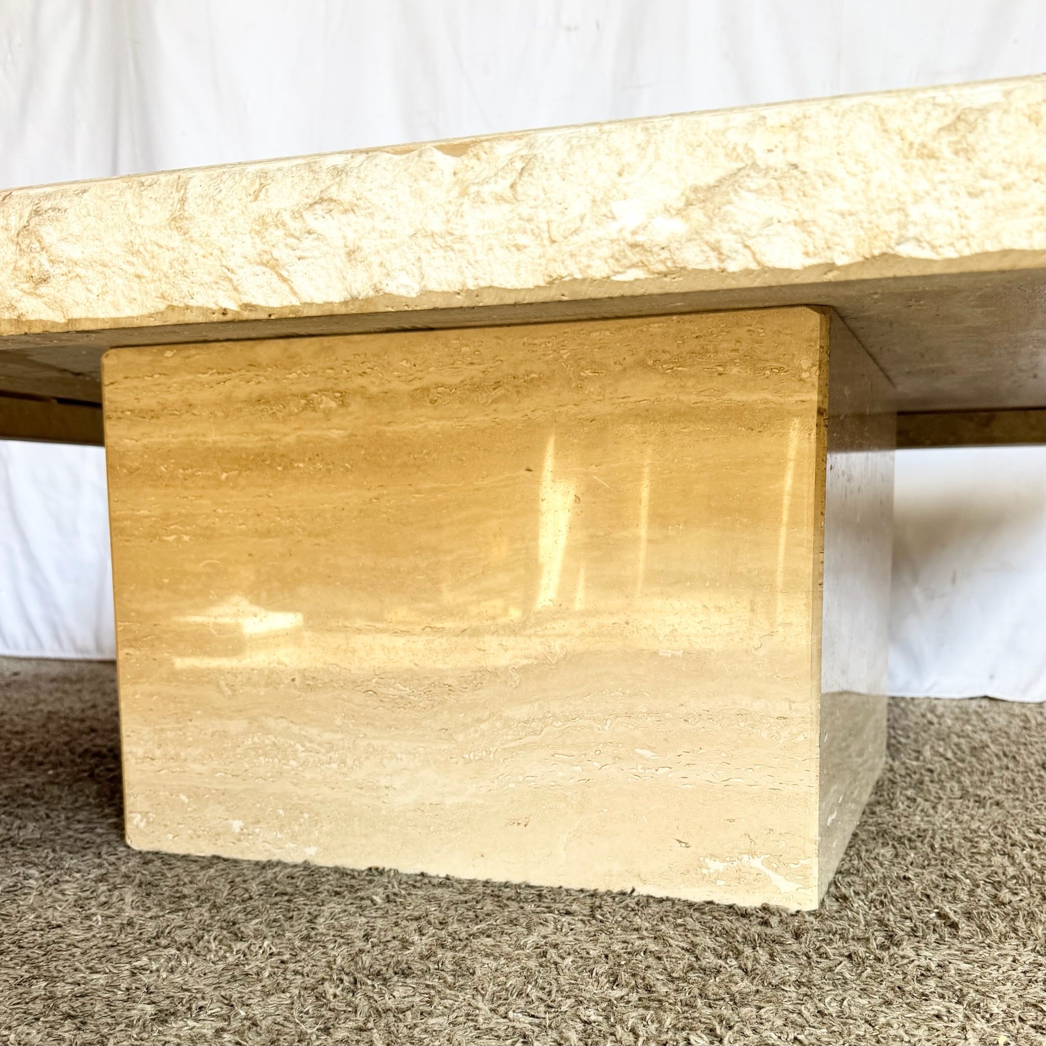 Vintage Italian Raw Edge Travertine Square Top Coffee Table by Stone International