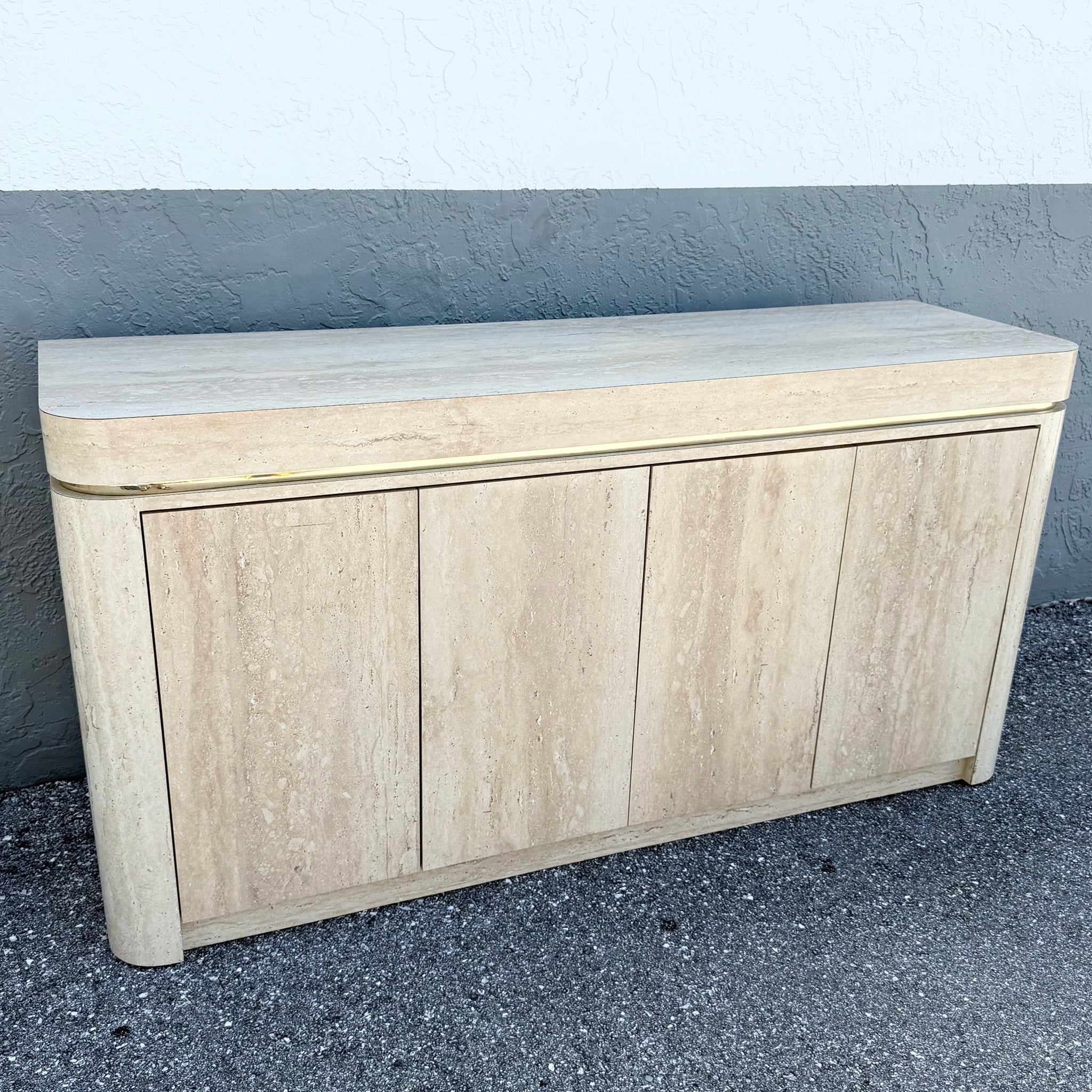Postmodern Faux Travertine Laminate Credenza With Gold Accent Dolphin & Flamingo