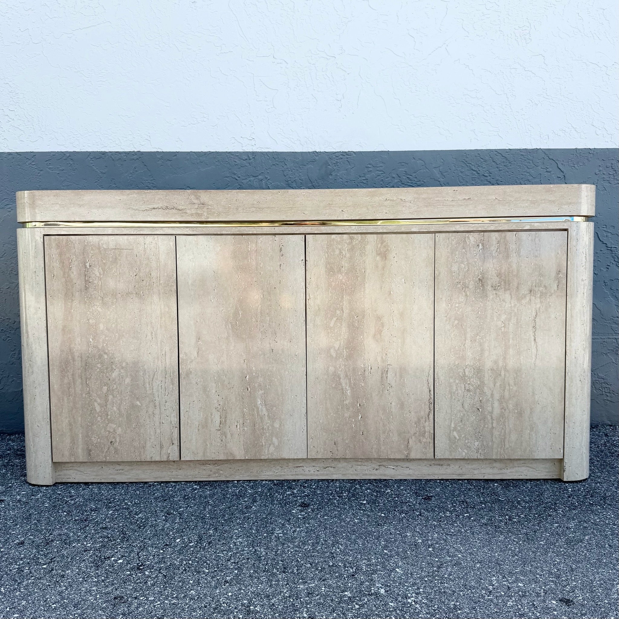 Postmodern Faux Travertine Laminate Credenza With Gold Accent Dolphin & Flamingo