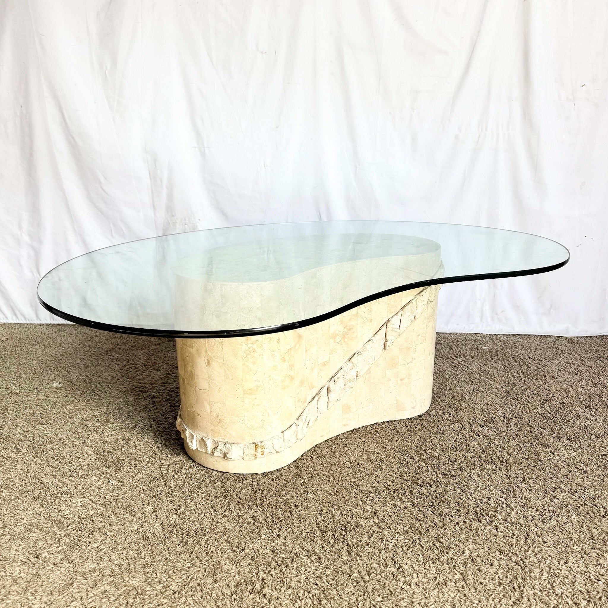 Postmodern Tessellated Stone Glass Top Kidney Coffee Table