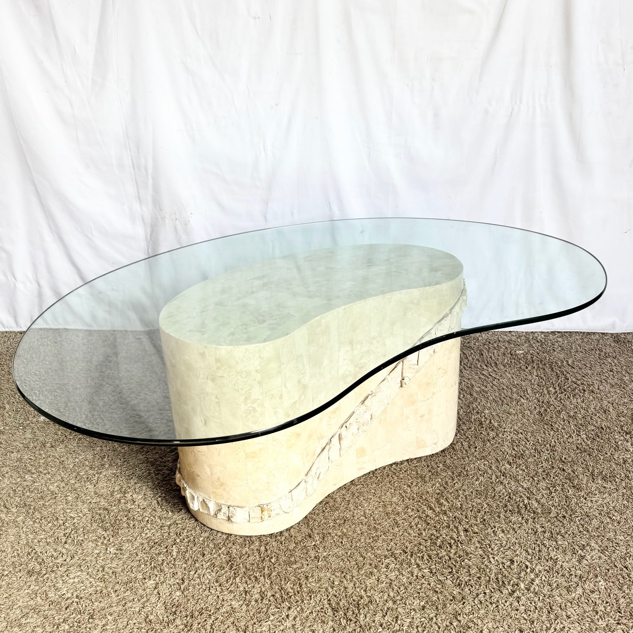 Postmodern Tessellated Stone Glass Top Kidney Coffee Table