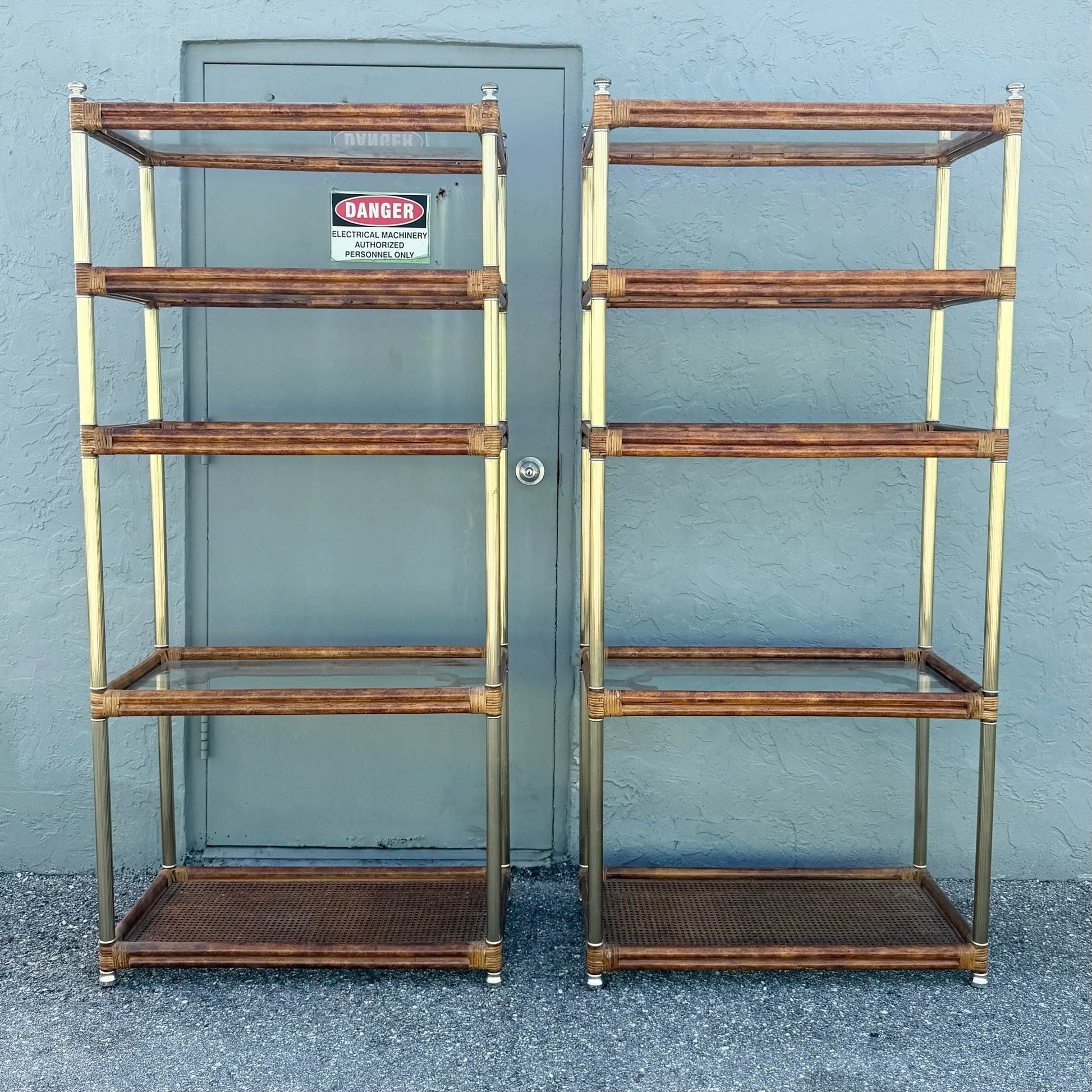 Palm Beach Chic Rattan Cane and Gold Etageres - A Pair Dolphin & Flamingo