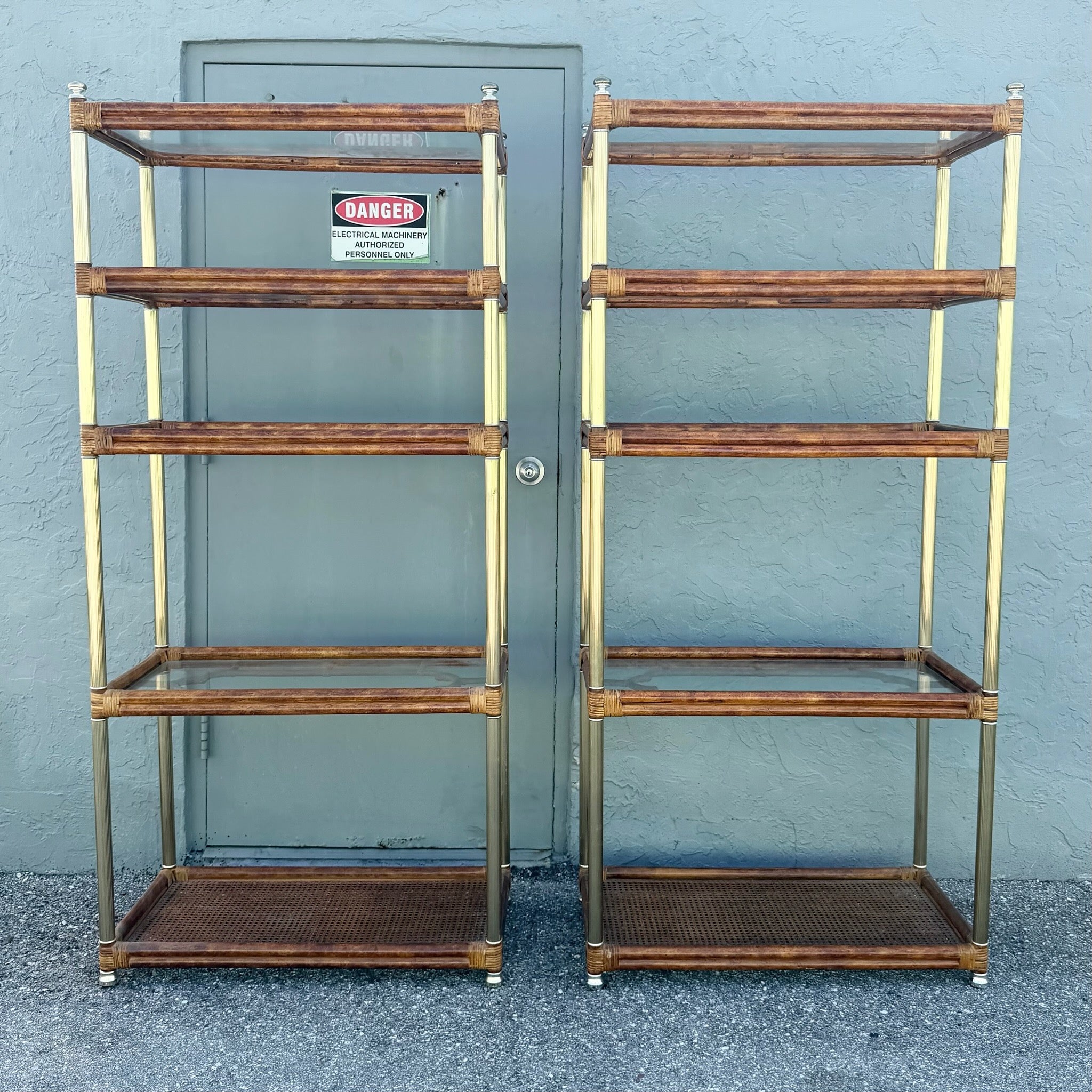 Palm Beach Chic Rattan Cane and Gold Etageres - A Pair Dolphin & Flamingo