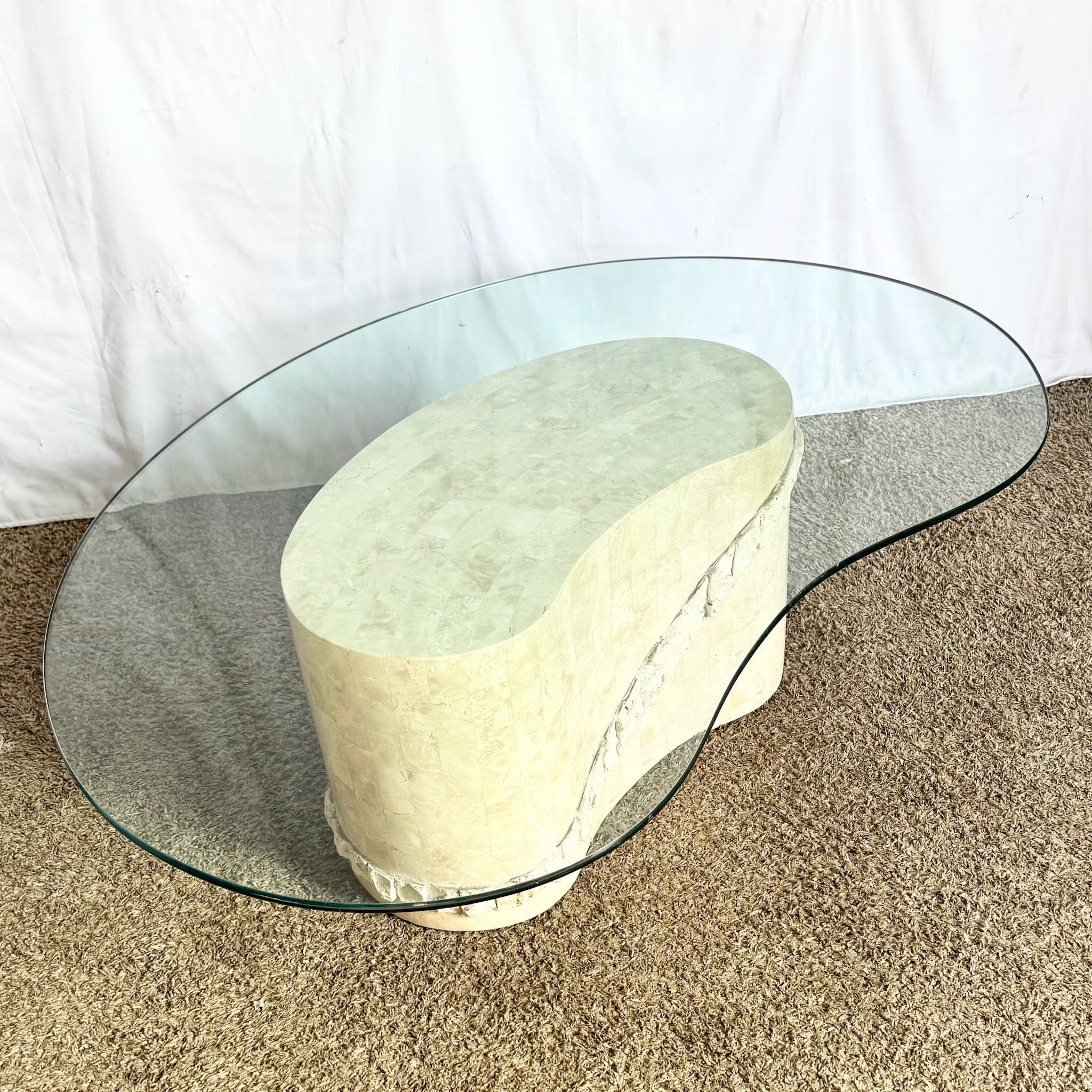 Postmodern Tessellated Stone Glass Top Kidney Coffee Table