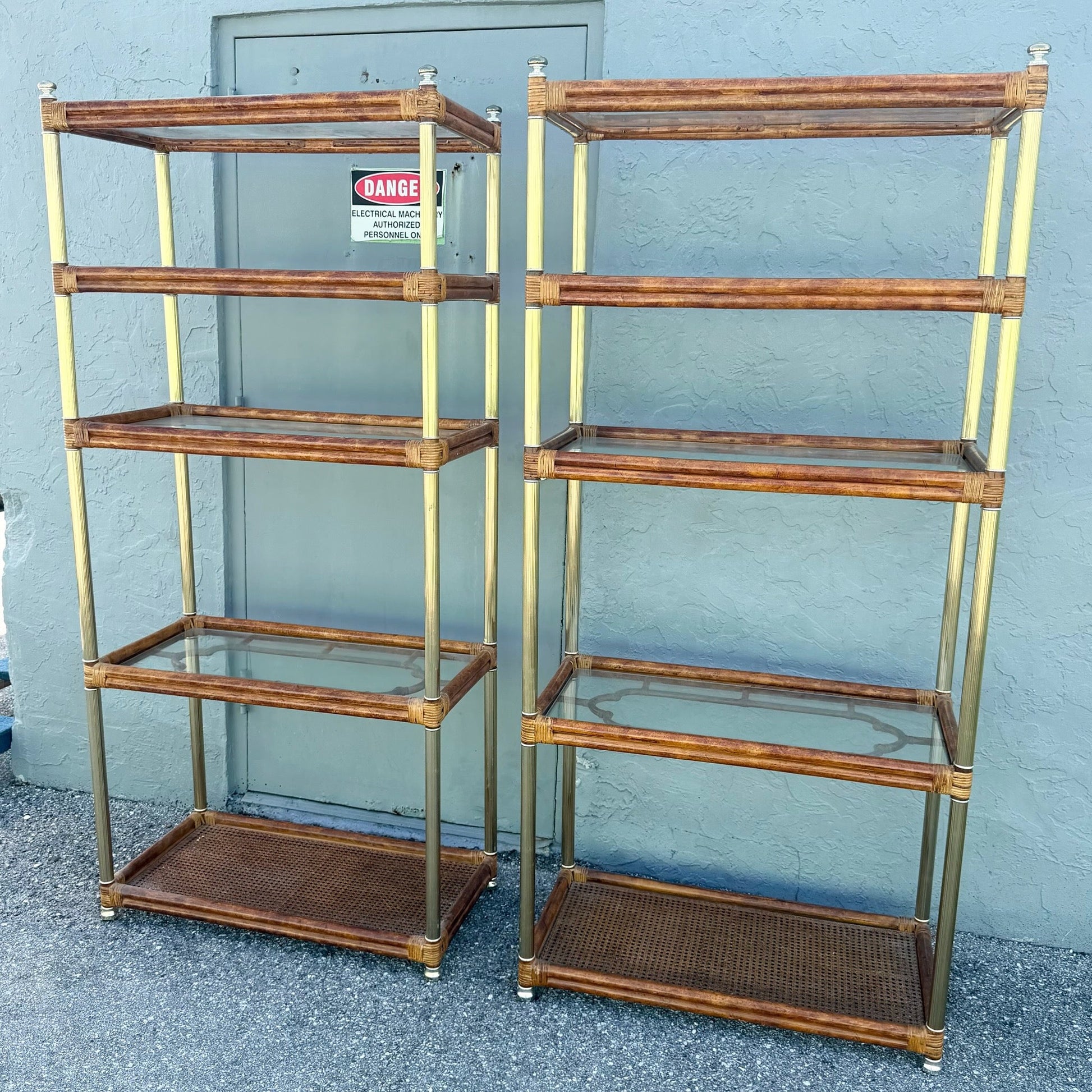 Palm Beach Chic Rattan Cane and Gold Etageres - A Pair Dolphin & Flamingo