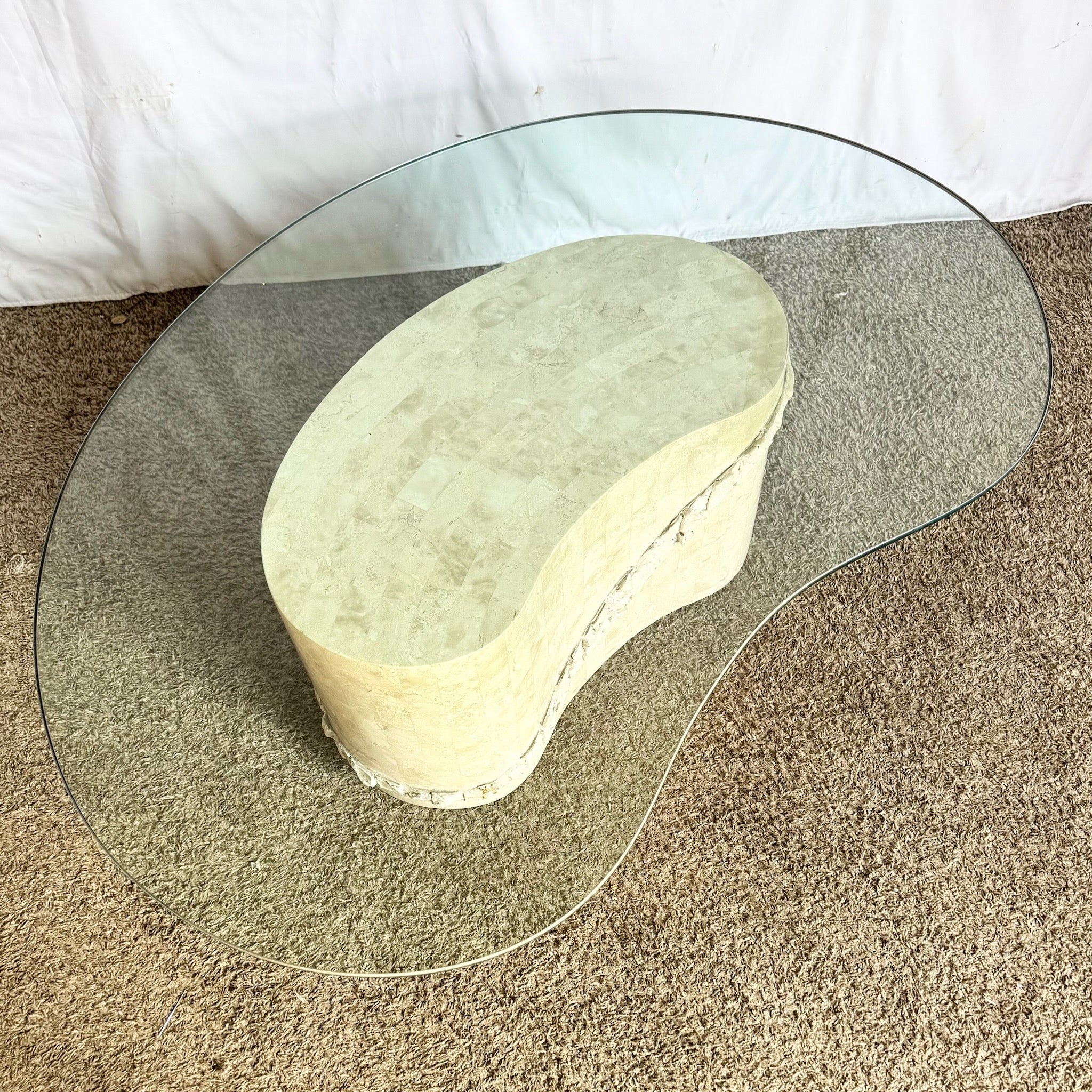Postmodern Tessellated Stone Glass Top Kidney Coffee Table