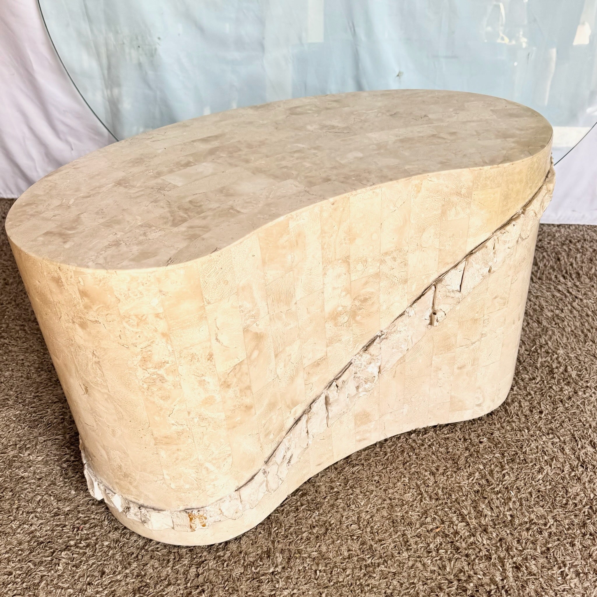 Postmodern Tessellated Stone Glass Top Kidney Coffee Table