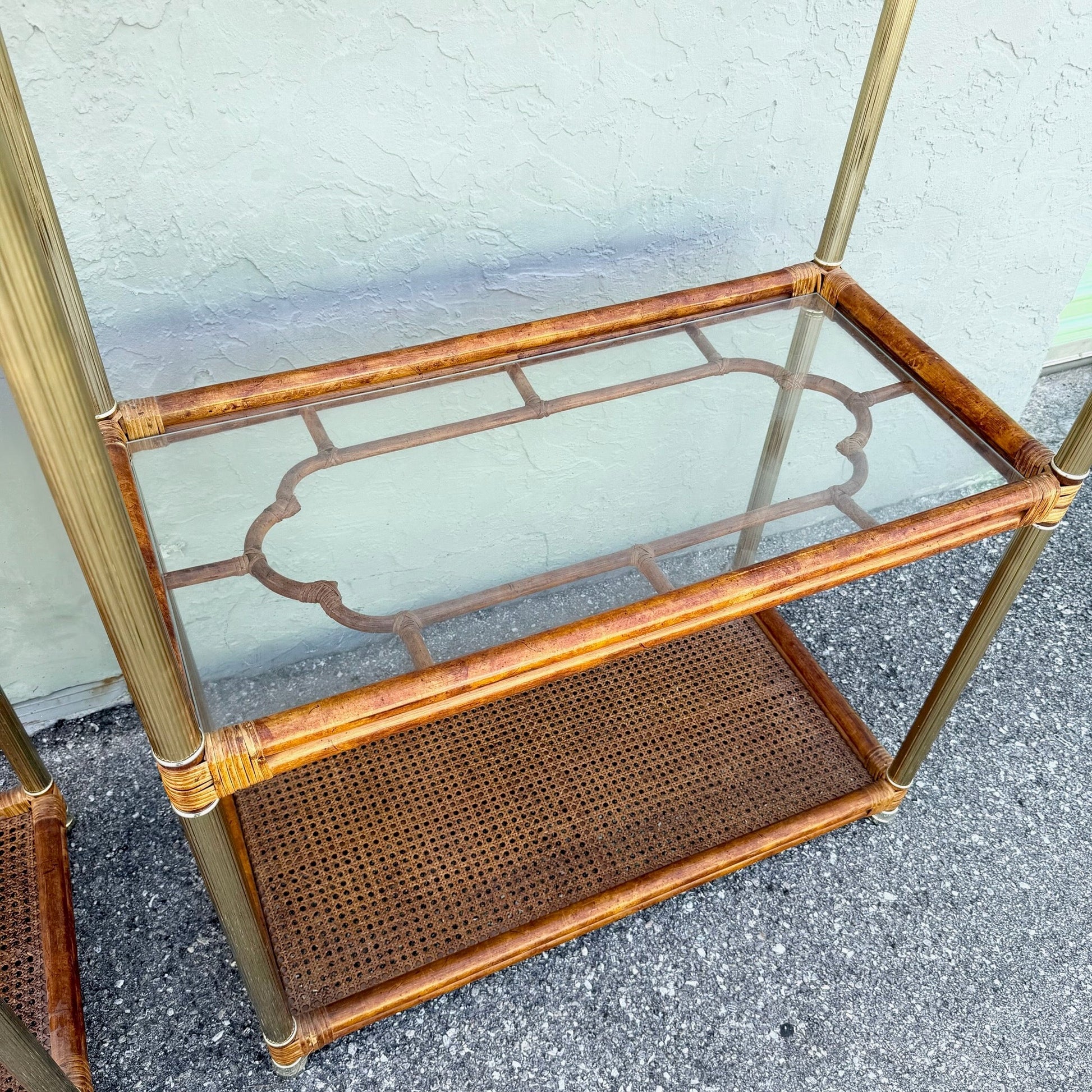 Palm Beach Chic Rattan Cane and Gold Etageres - A Pair Dolphin & Flamingo