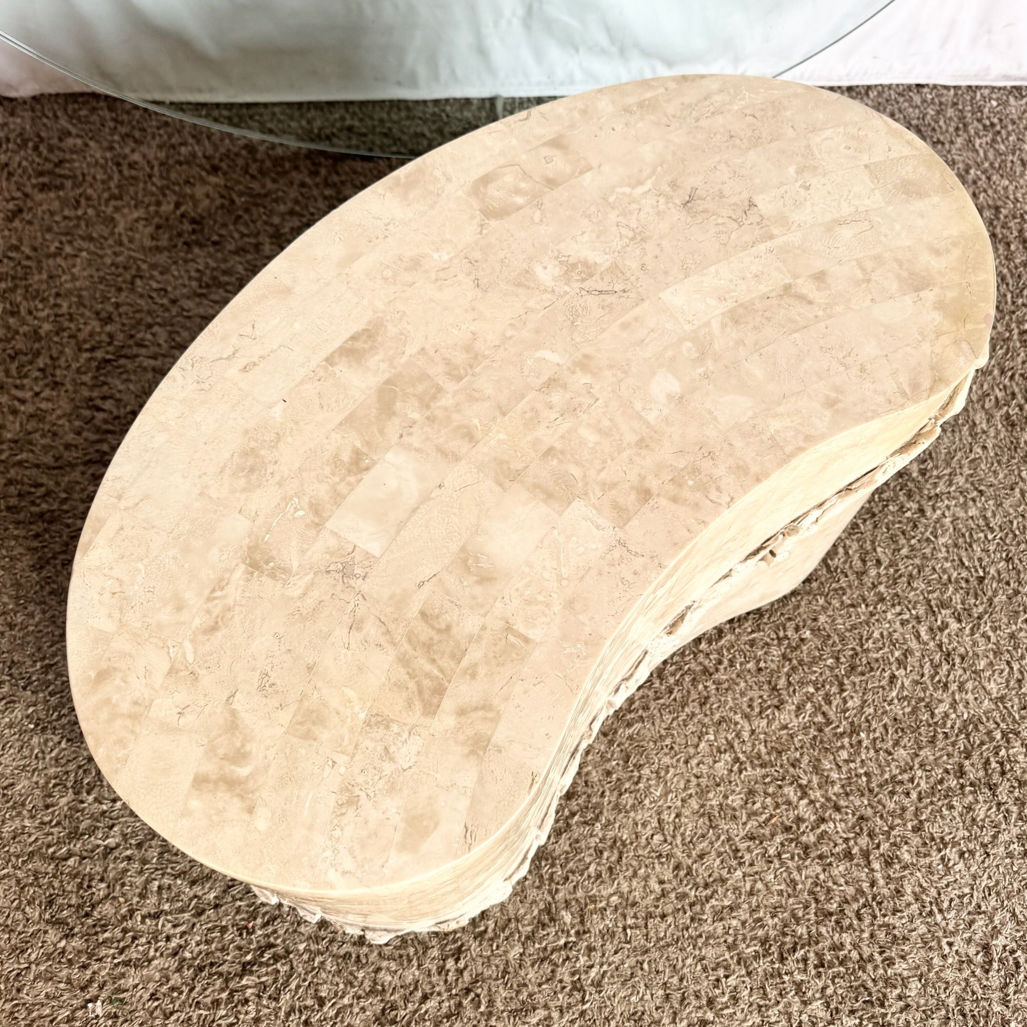 Postmodern Tessellated Stone Glass Top Kidney Coffee Table