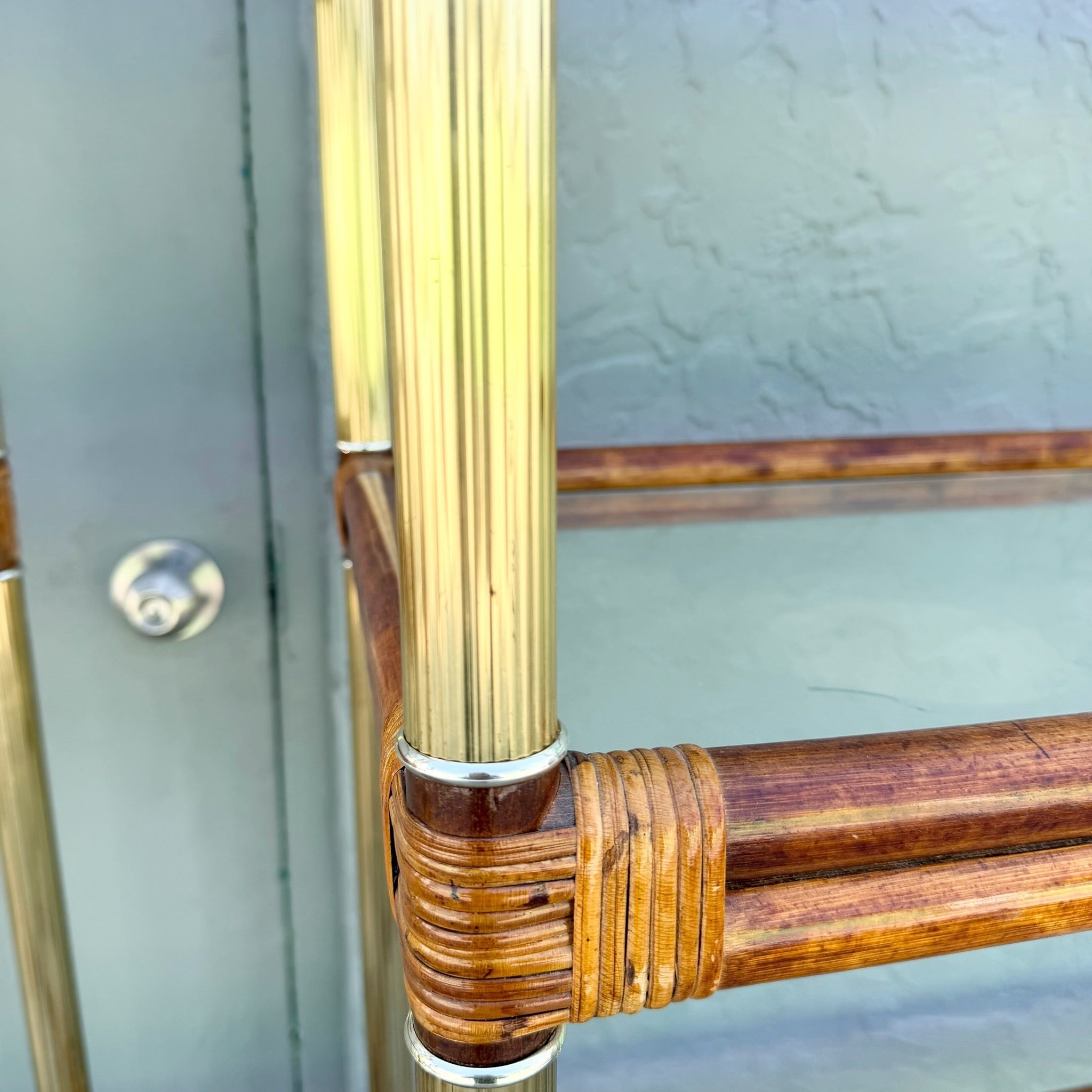 Palm Beach Chic Rattan Cane and Gold Etageres - A Pair Dolphin & Flamingo