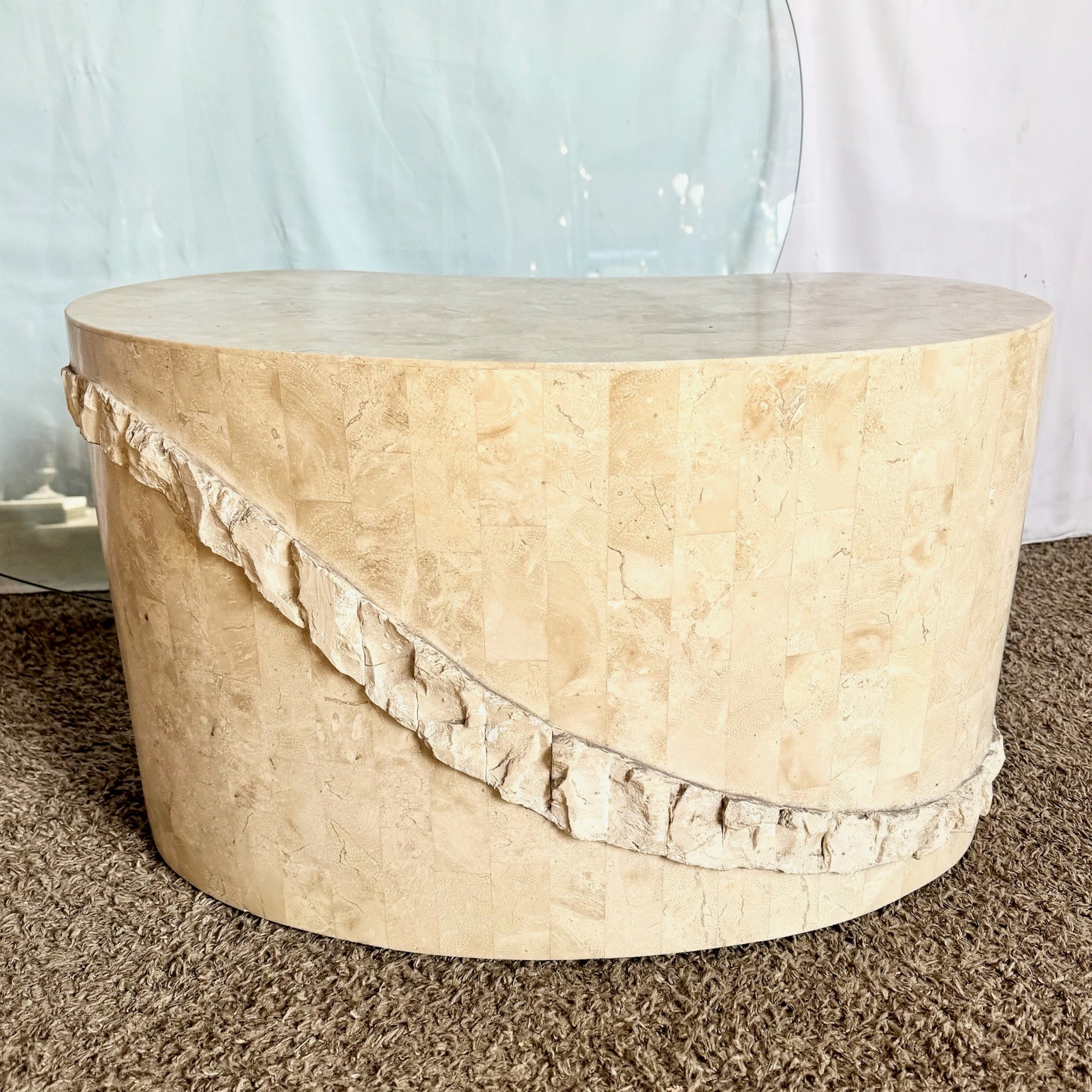Postmodern Tessellated Stone Glass Top Kidney Coffee Table