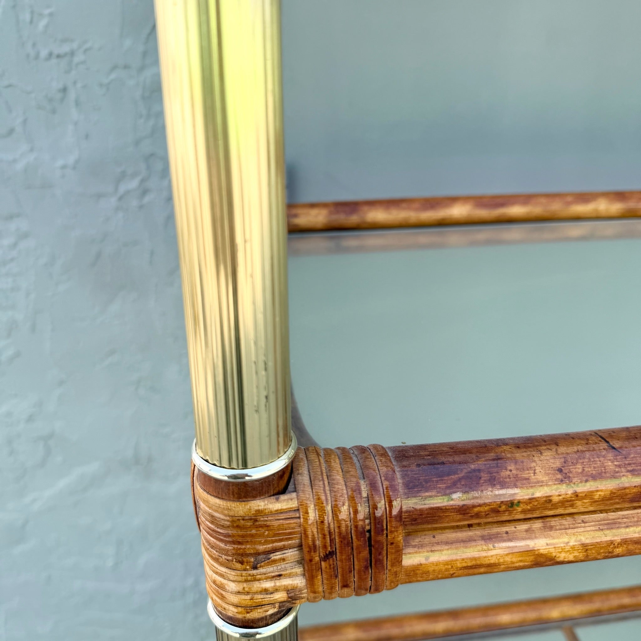 Palm Beach Chic Rattan Cane and Gold Etageres - A Pair Dolphin & Flamingo
