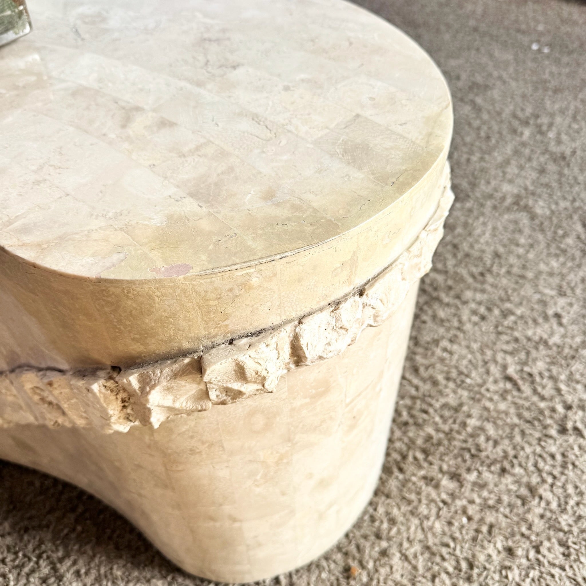 Postmodern Tessellated Stone Glass Top Kidney Coffee Table