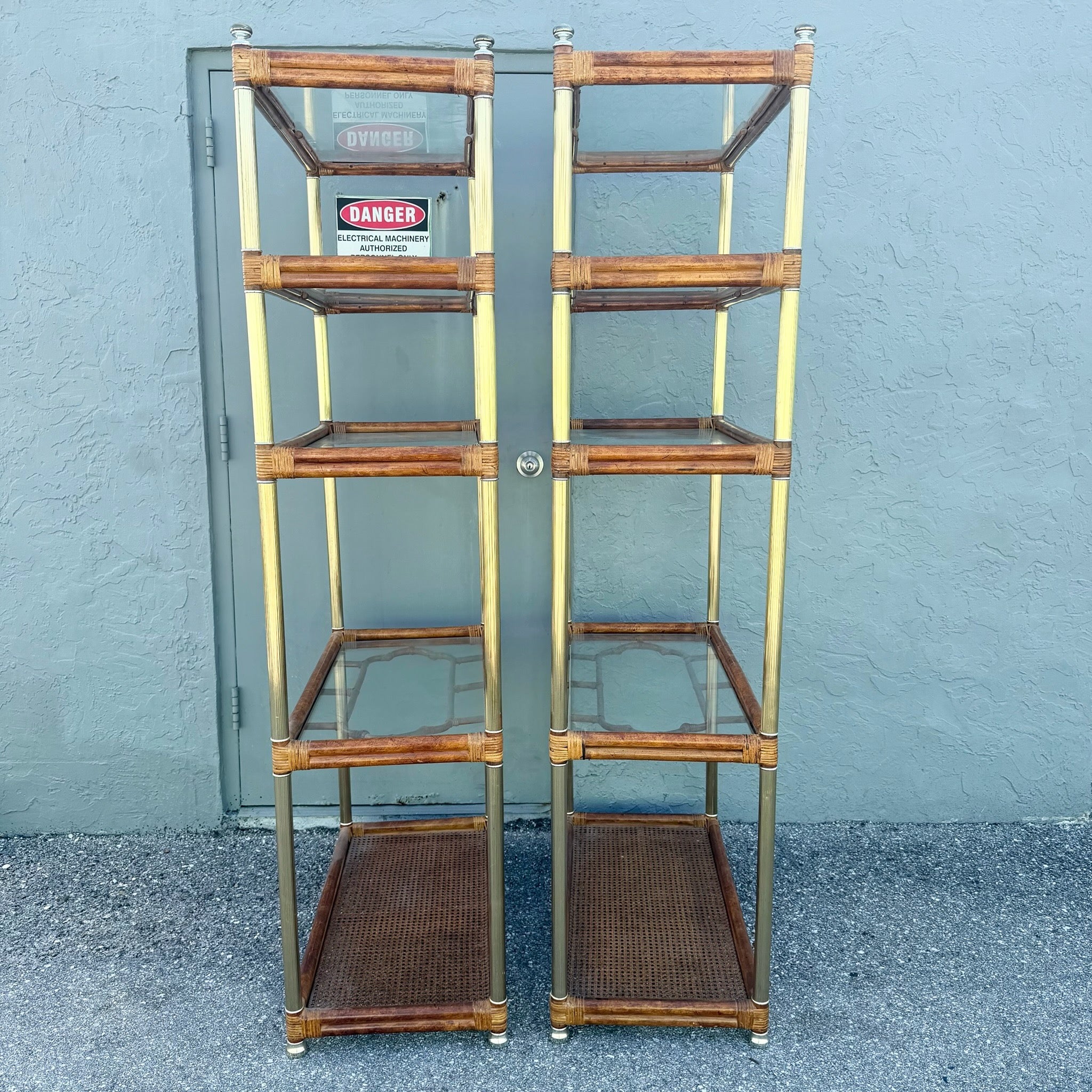 Palm Beach Chic Rattan Cane and Gold Etageres - A Pair Dolphin & Flamingo