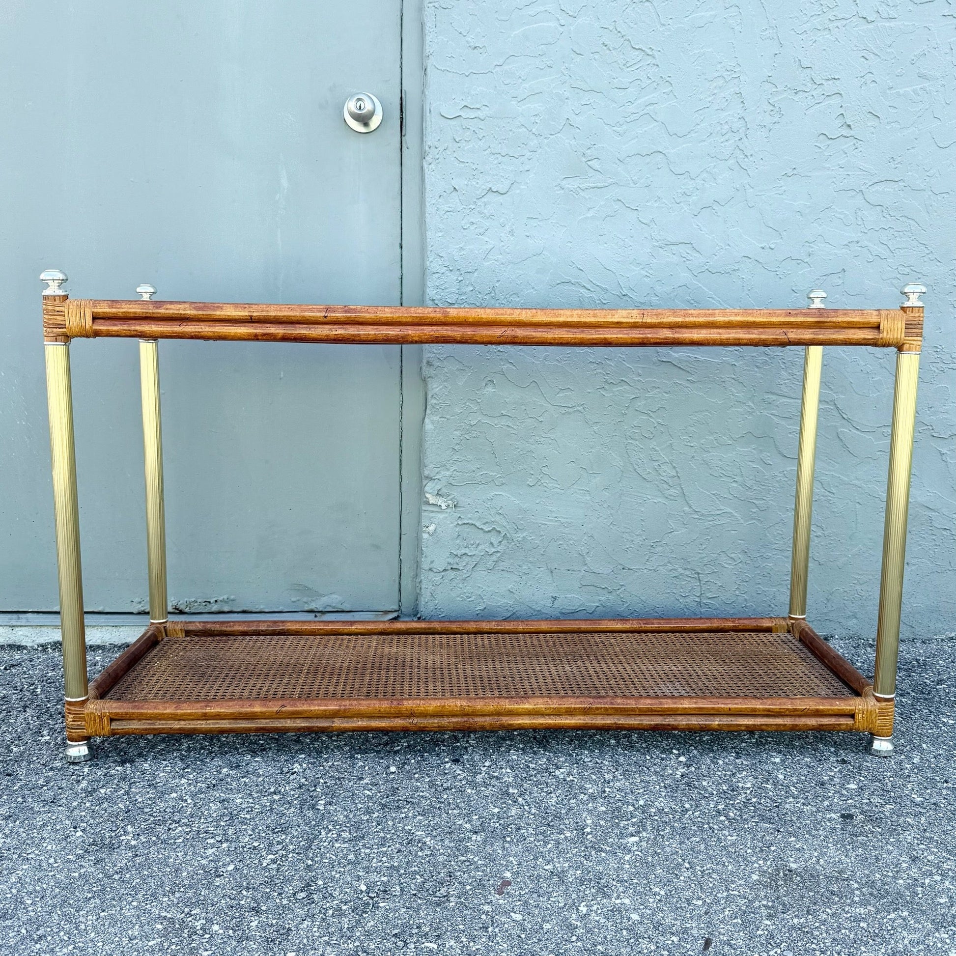 Palm Beach Chic Rattan Cane and Gold Console Table Dolphin & Flamingo
