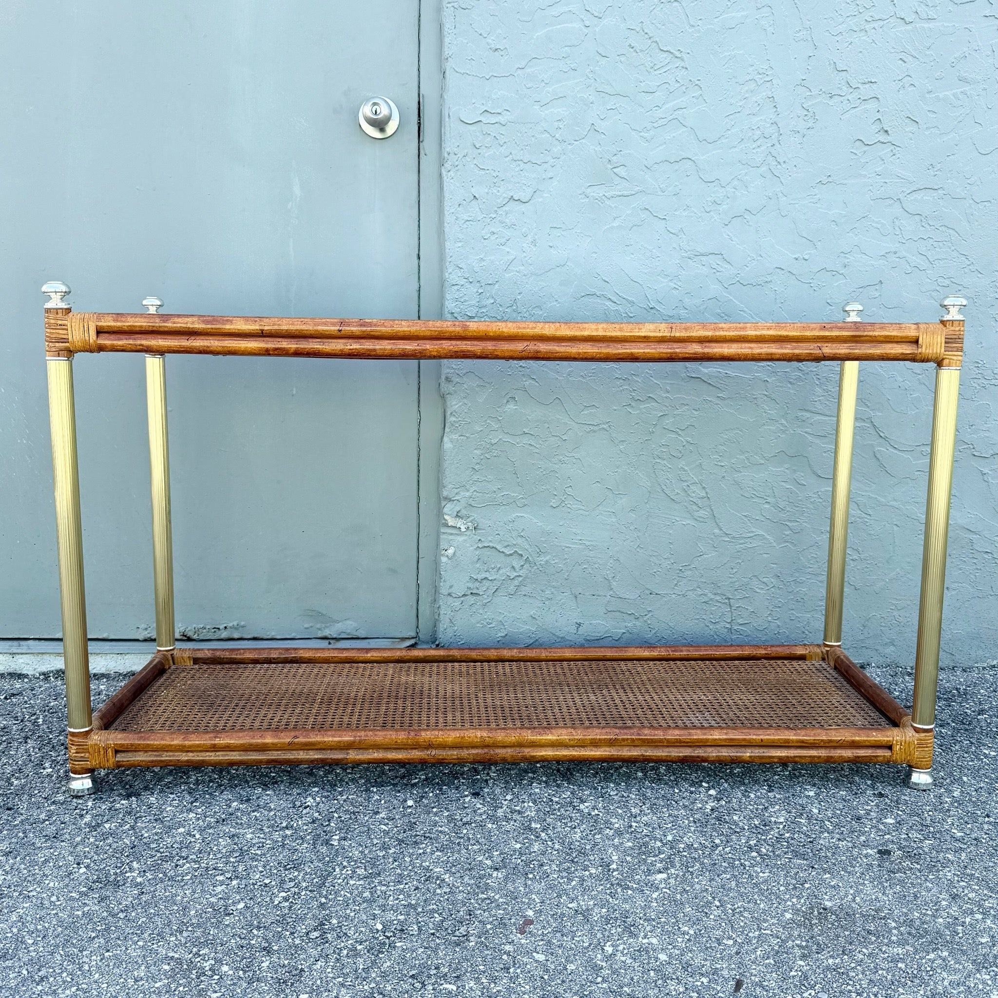 Palm Beach Chic Rattan Cane and Gold Console Table Dolphin & Flamingo