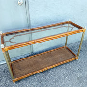 Palm Beach Chic Rattan Cane and Gold Console Table Dolphin & Flamingo