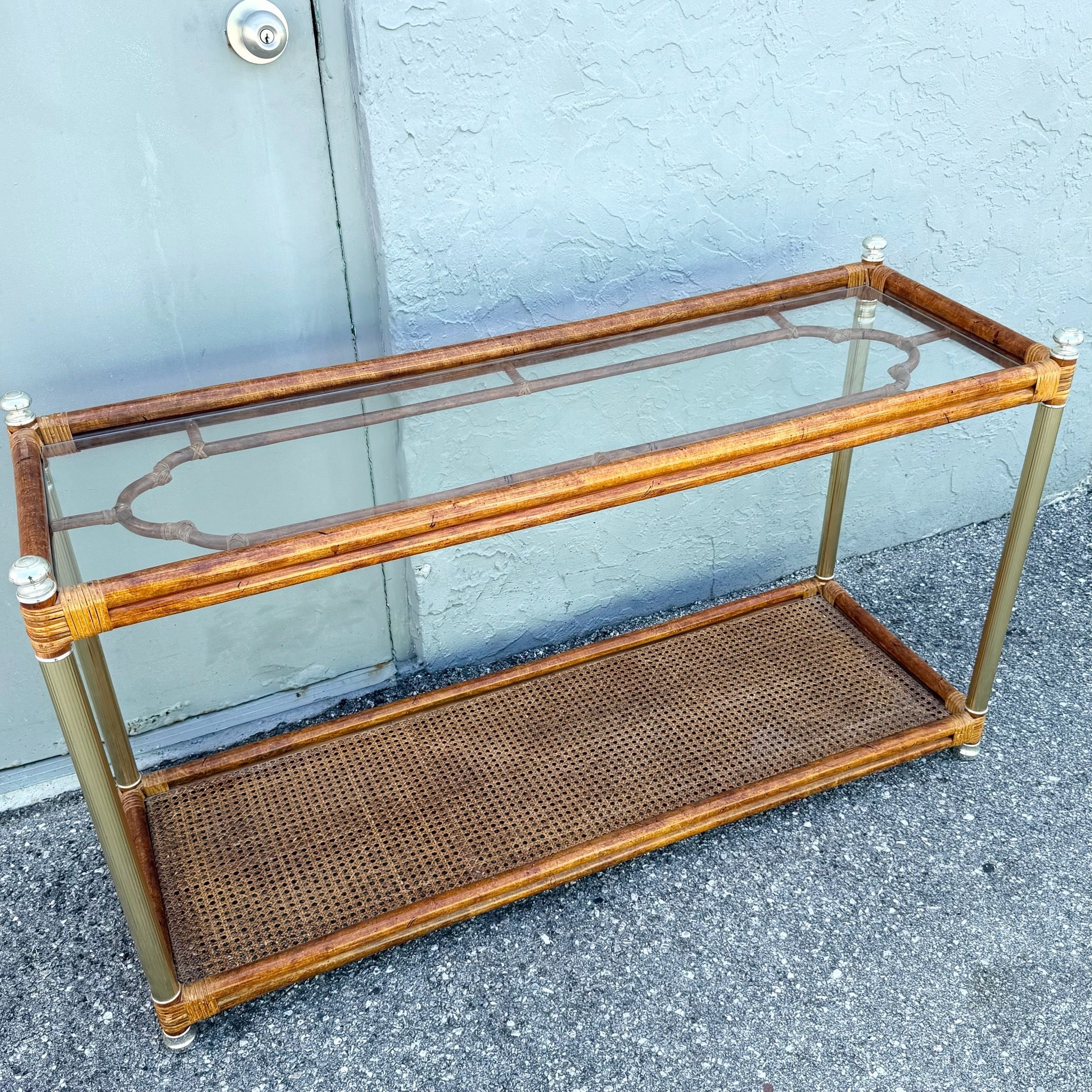 Palm Beach Chic Rattan Cane and Gold Console Table Dolphin & Flamingo