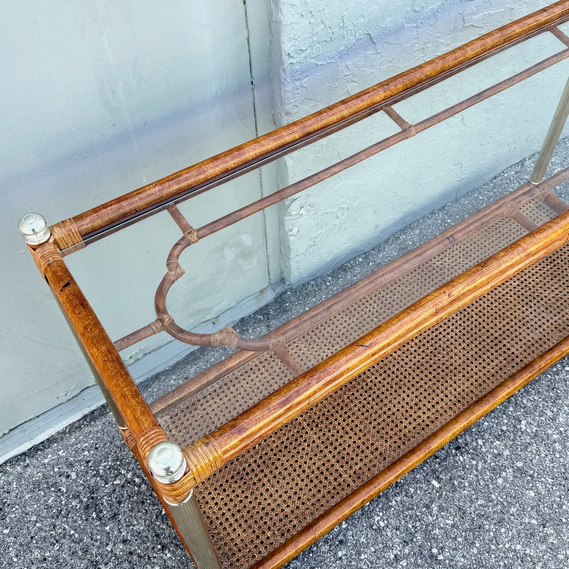 Palm Beach Chic Rattan Cane and Gold Console Table Dolphin & Flamingo