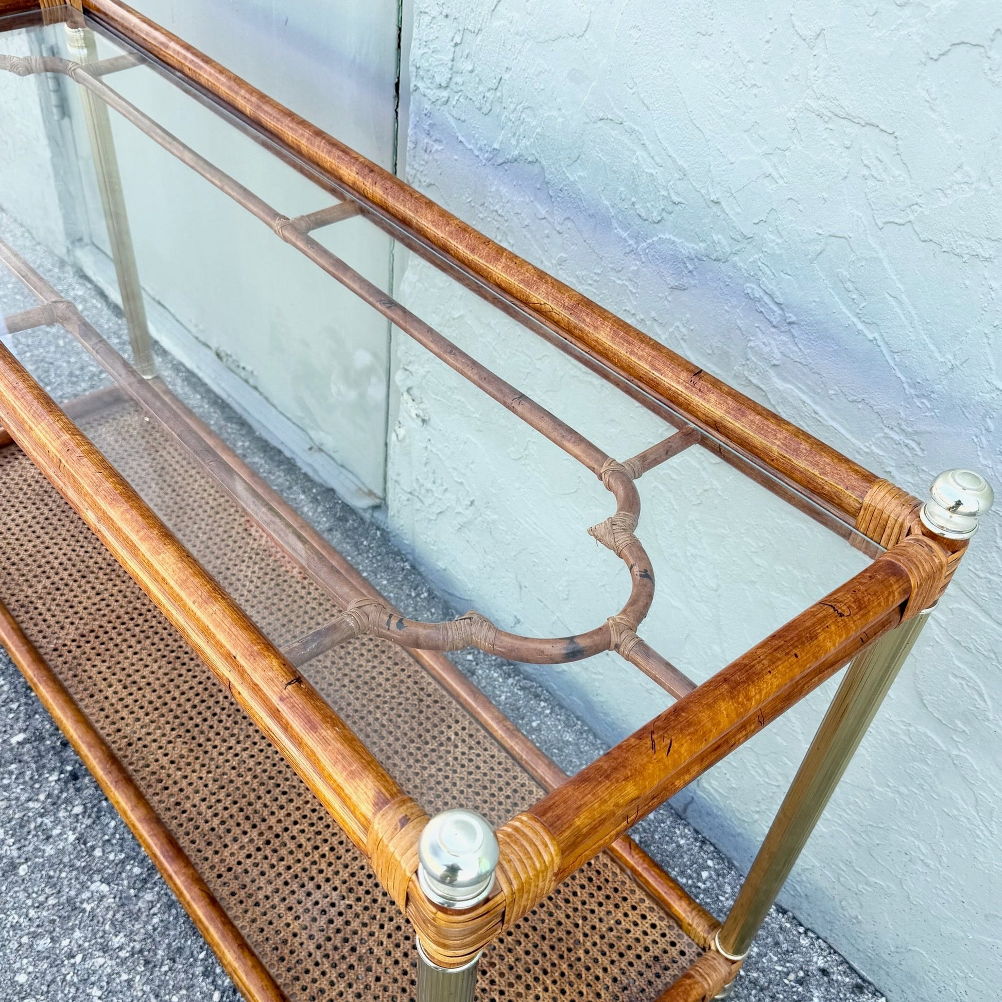 Palm Beach Chic Rattan Cane and Gold Console Table Dolphin & Flamingo