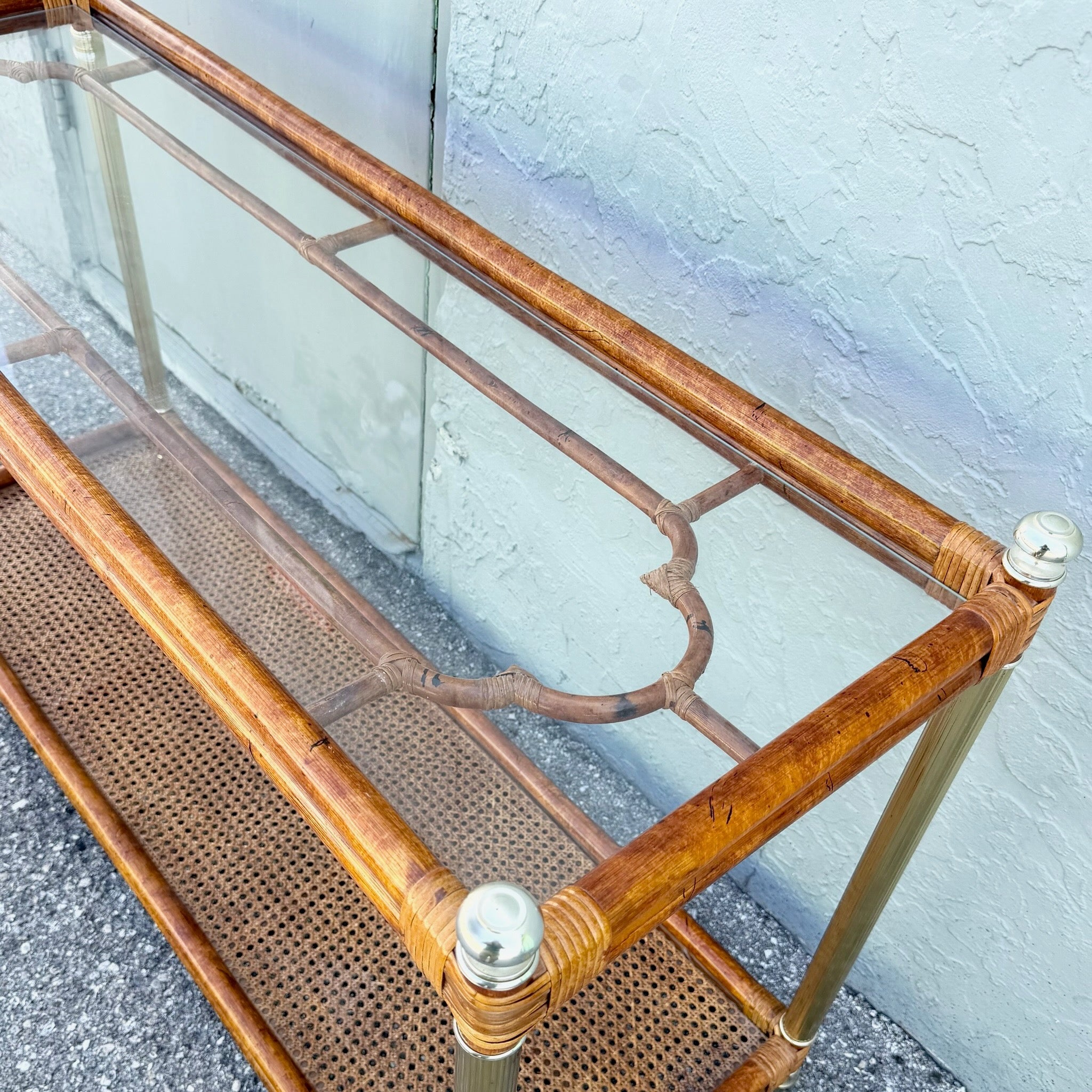 Palm Beach Chic Rattan Cane and Gold Console Table Dolphin & Flamingo