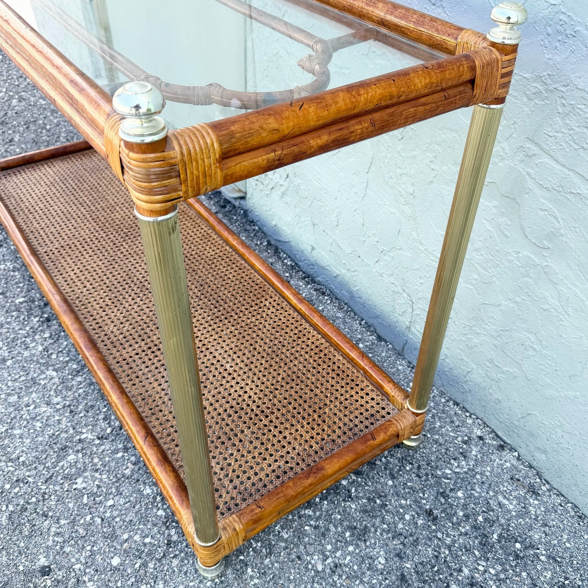 Palm Beach Chic Rattan Cane and Gold Console Table Dolphin & Flamingo