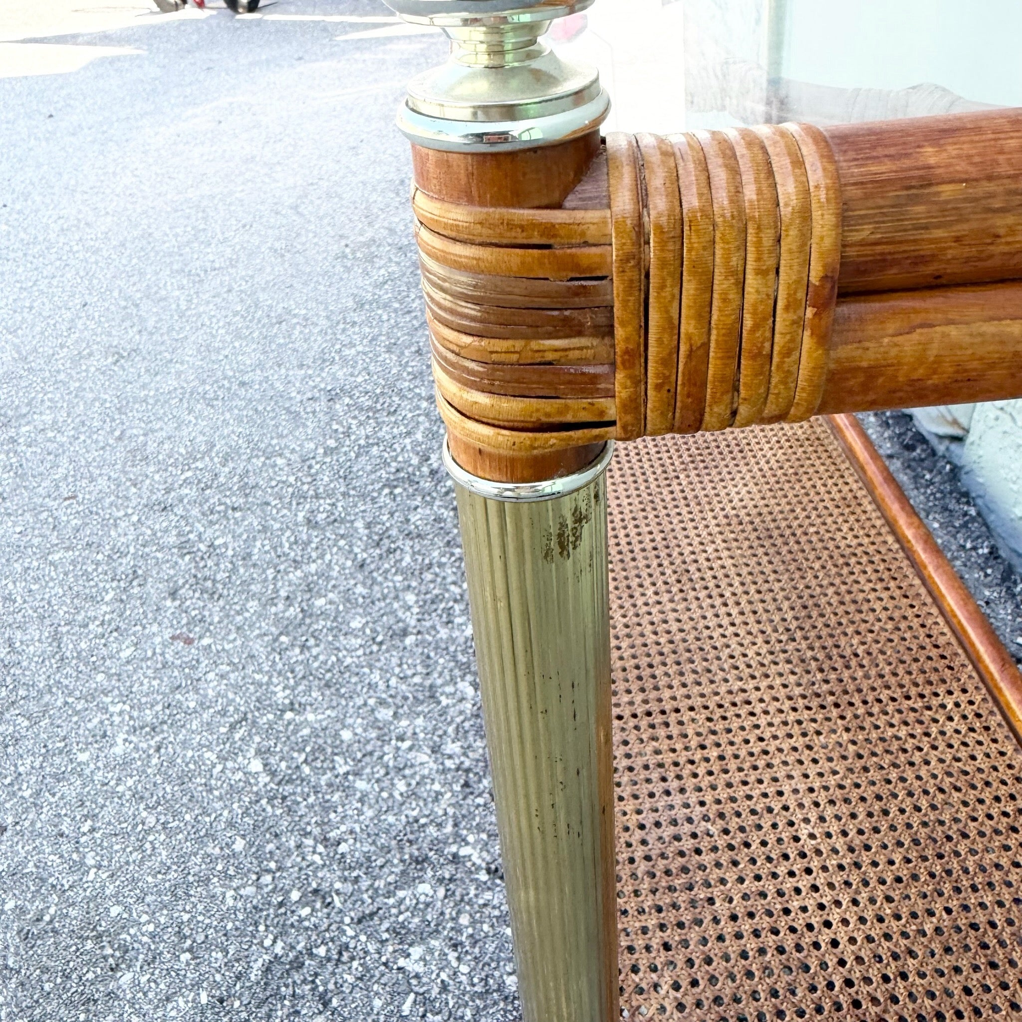 Palm Beach Chic Rattan Cane and Gold Console Table Dolphin & Flamingo