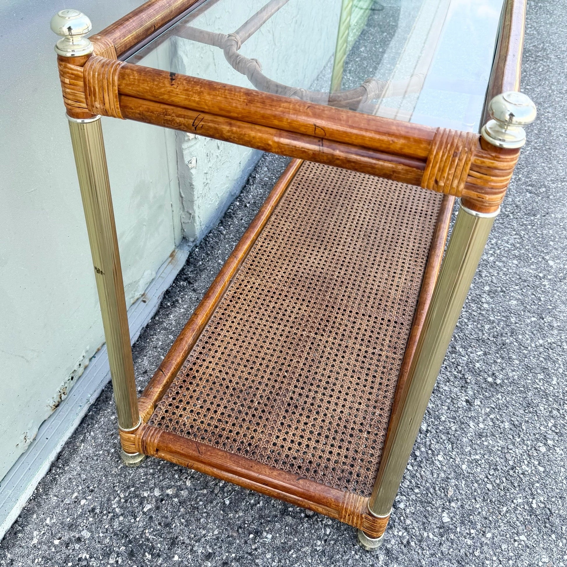 Palm Beach Chic Rattan Cane and Gold Console Table Dolphin & Flamingo