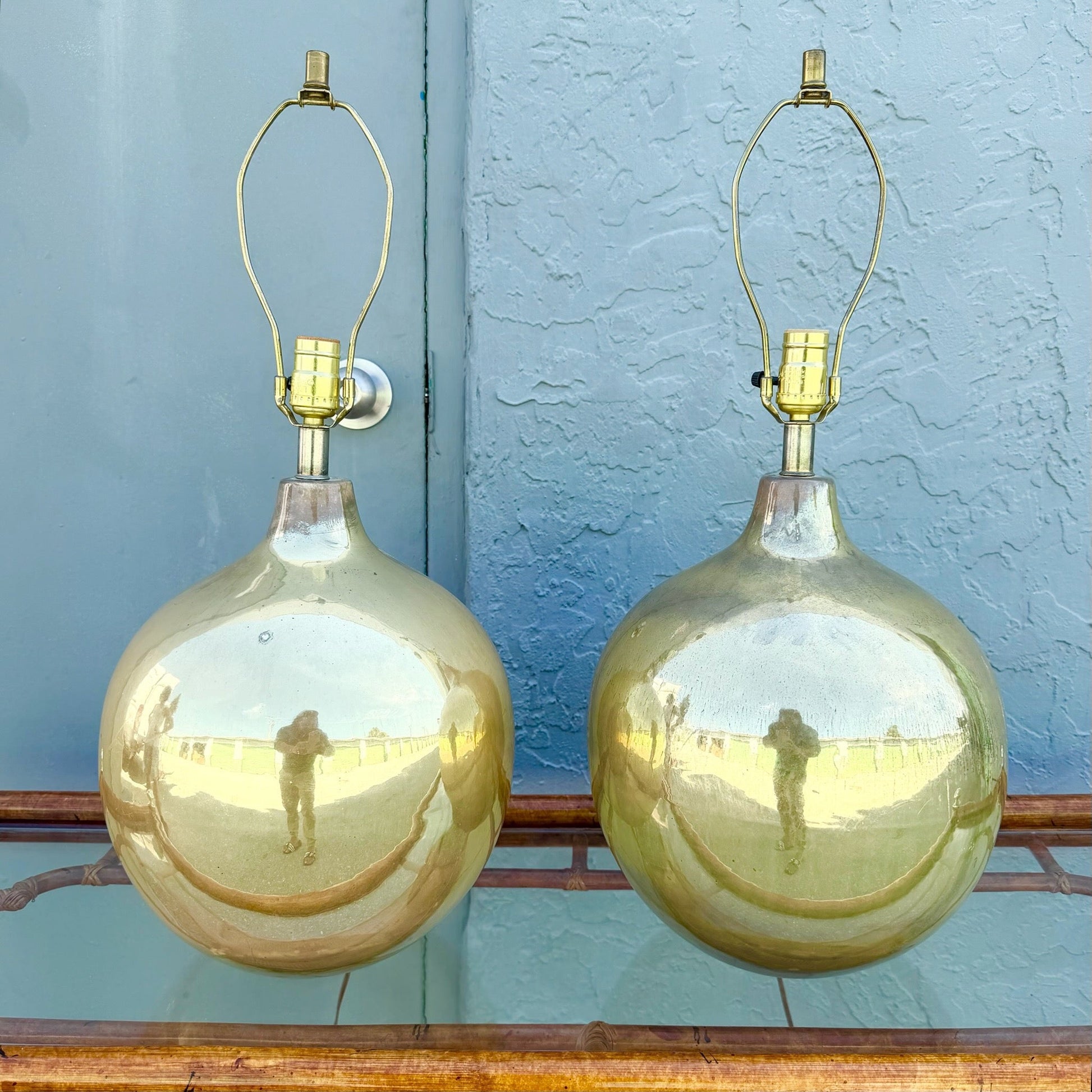 Mid Century Modern Gold Spherical Table Lamps - A Pair Dolphin & Flamingo