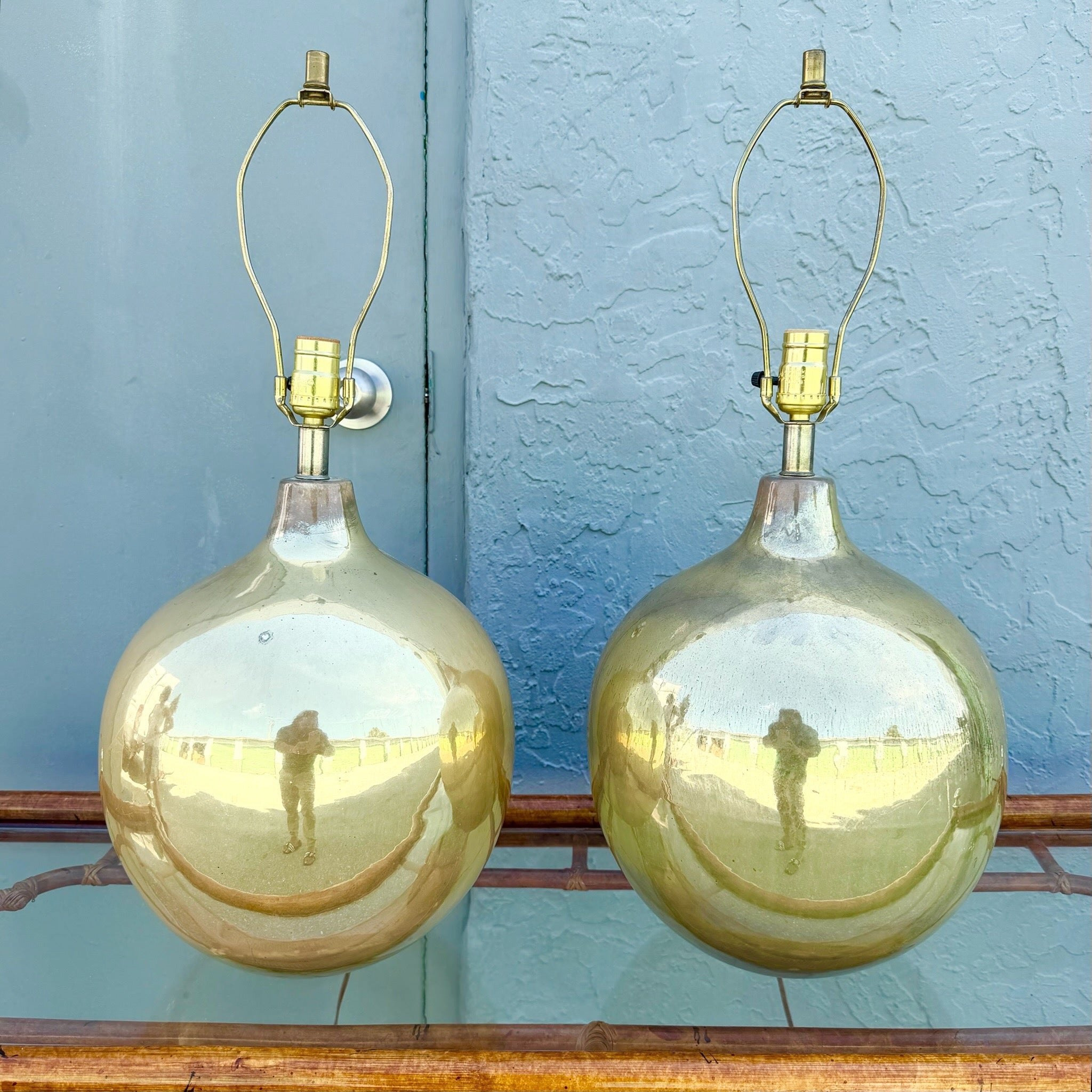 Mid Century Modern Gold Spherical Table Lamps - A Pair Dolphin & Flamingo