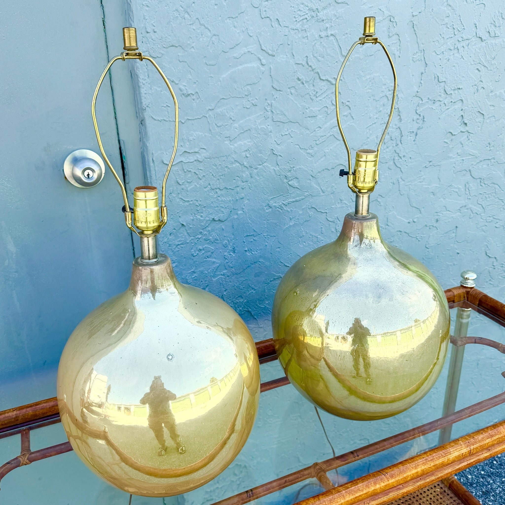 Mid Century Modern Gold Spherical Table Lamps - A Pair Dolphin & Flamingo