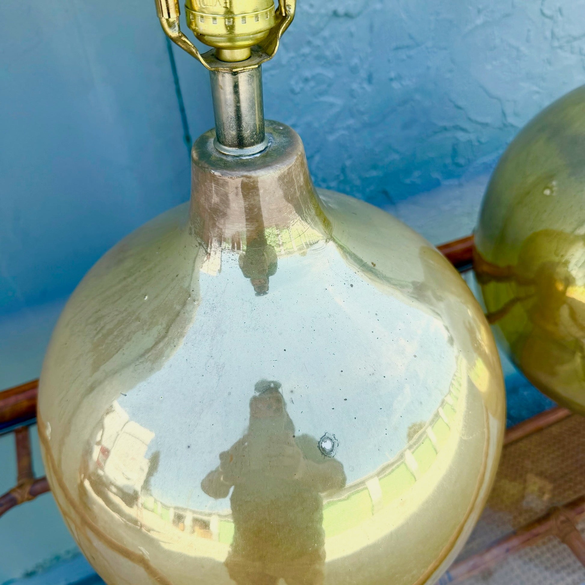 Mid Century Modern Gold Spherical Table Lamps - A Pair Dolphin & Flamingo