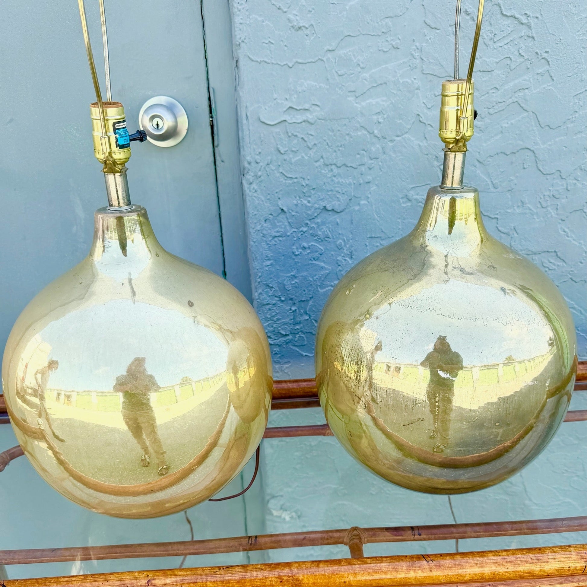 Mid Century Modern Gold Spherical Table Lamps - A Pair Dolphin & Flamingo