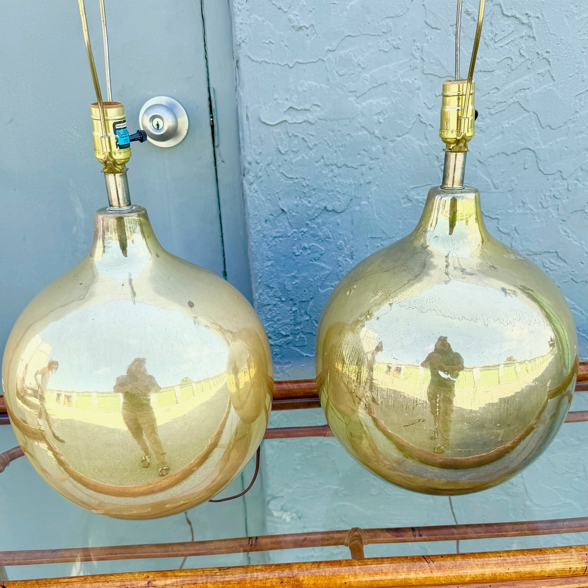 Mid Century Modern Gold Spherical Table Lamps - A Pair Dolphin & Flamingo