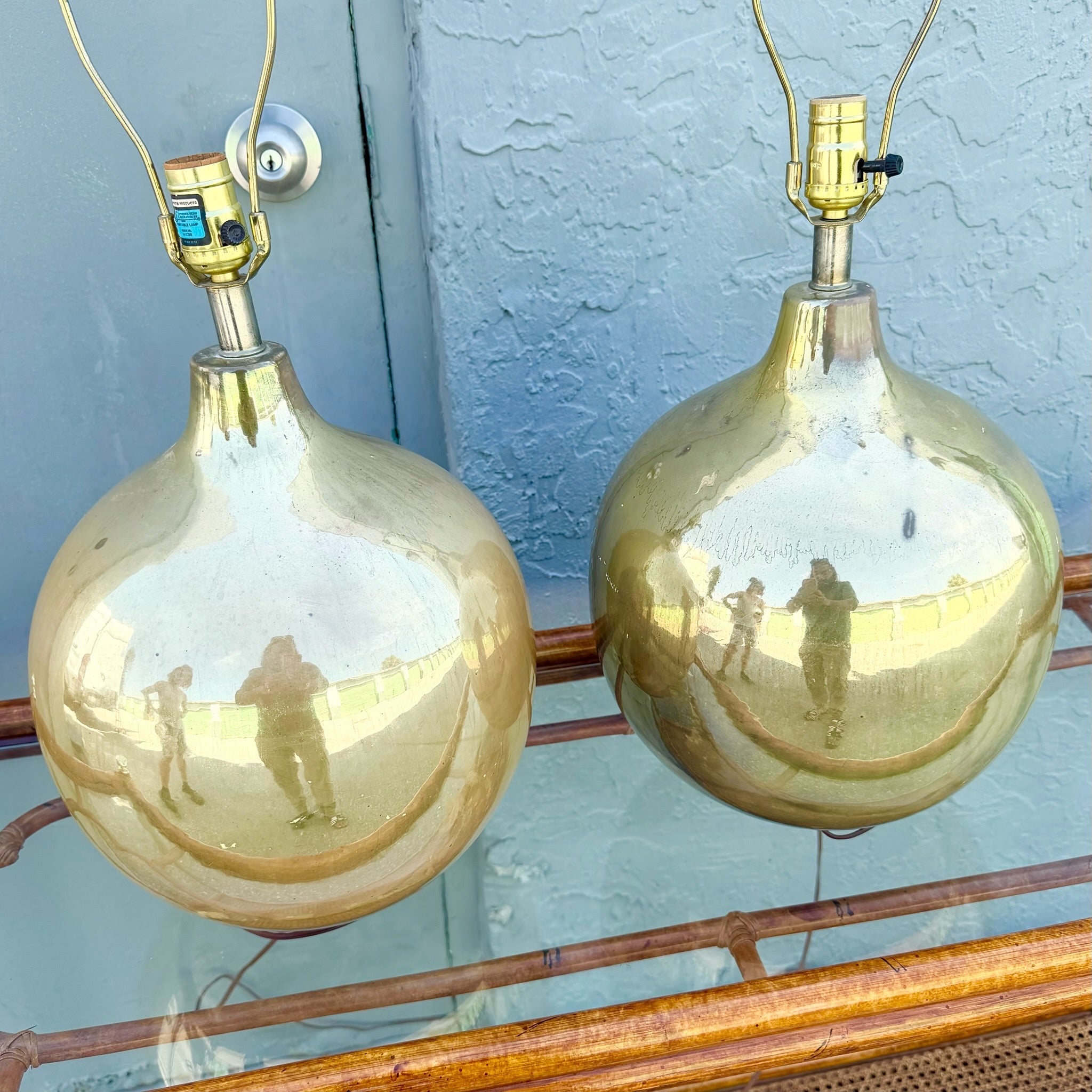 Mid Century Modern Gold Spherical Table Lamps - A Pair Dolphin & Flamingo