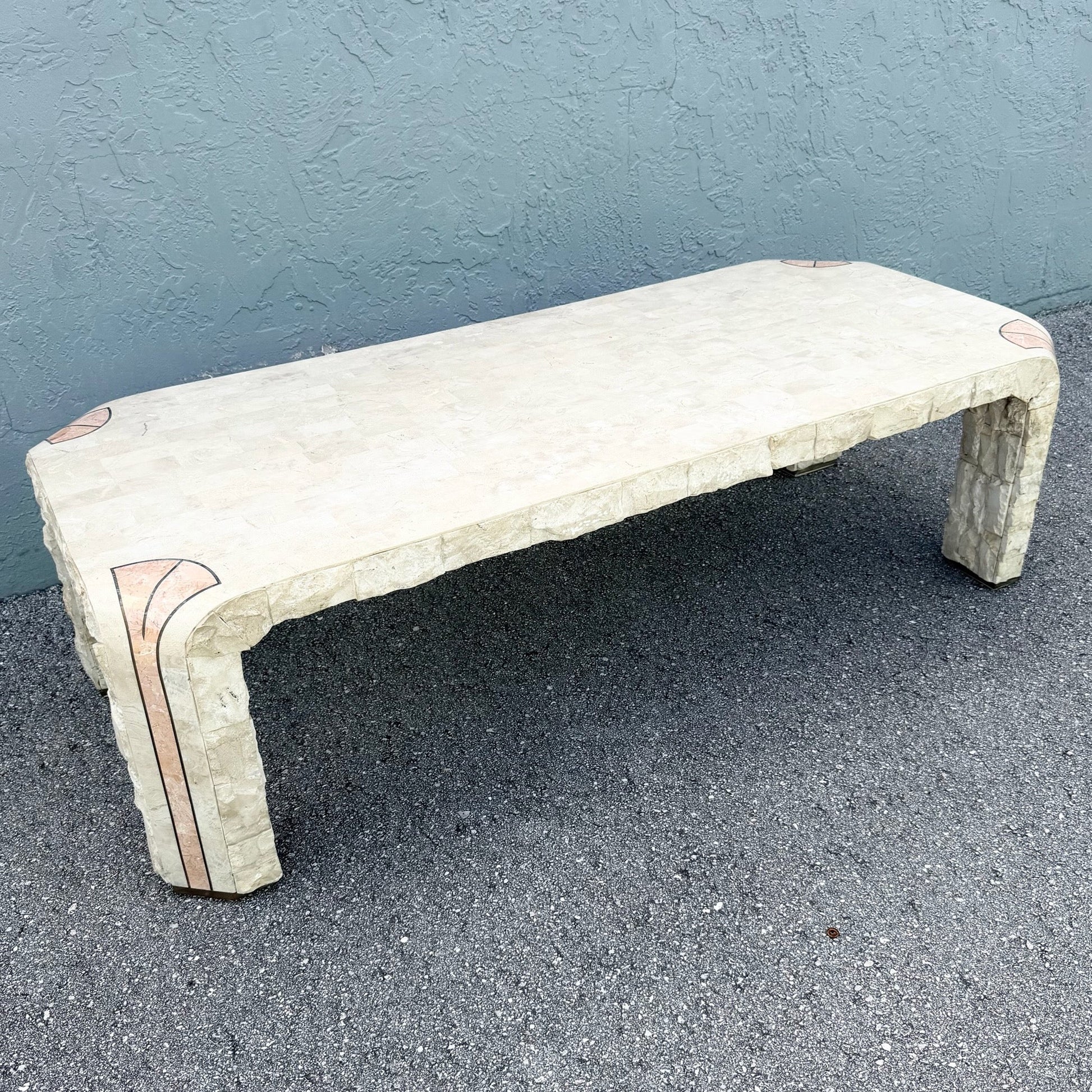 Postmodern Tessellated Beige and Pink Stone Coffee Table Brass Inlay Dolphin & Flamingo