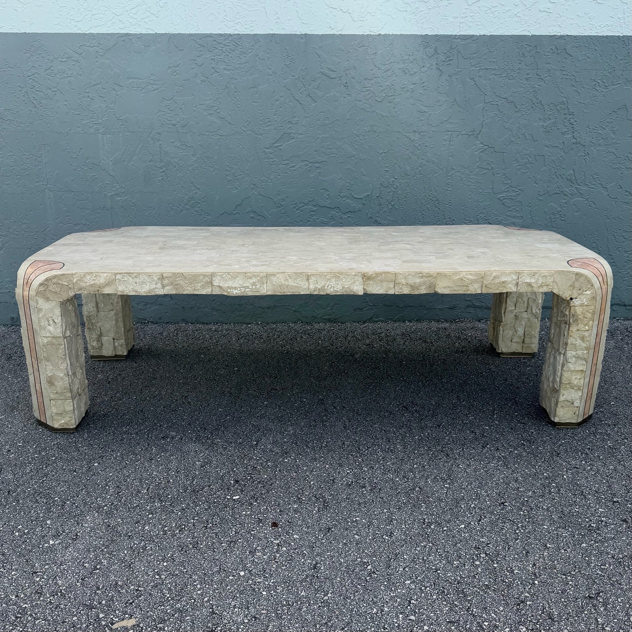 Postmodern Tessellated Beige and Pink Stone Coffee Table Brass Inlay Dolphin & Flamingo