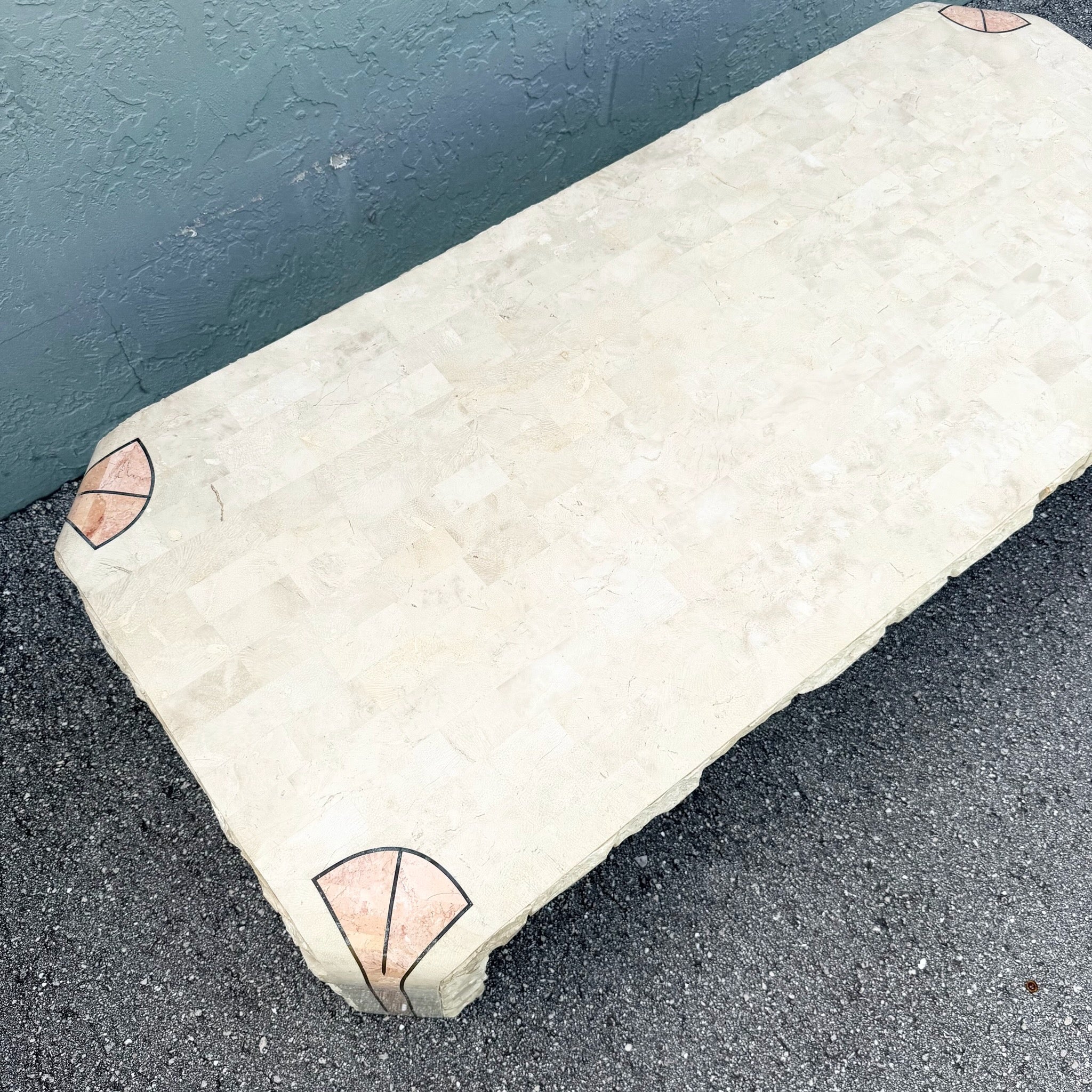 Postmodern Tessellated Beige and Pink Stone Coffee Table Brass Inlay Dolphin & Flamingo