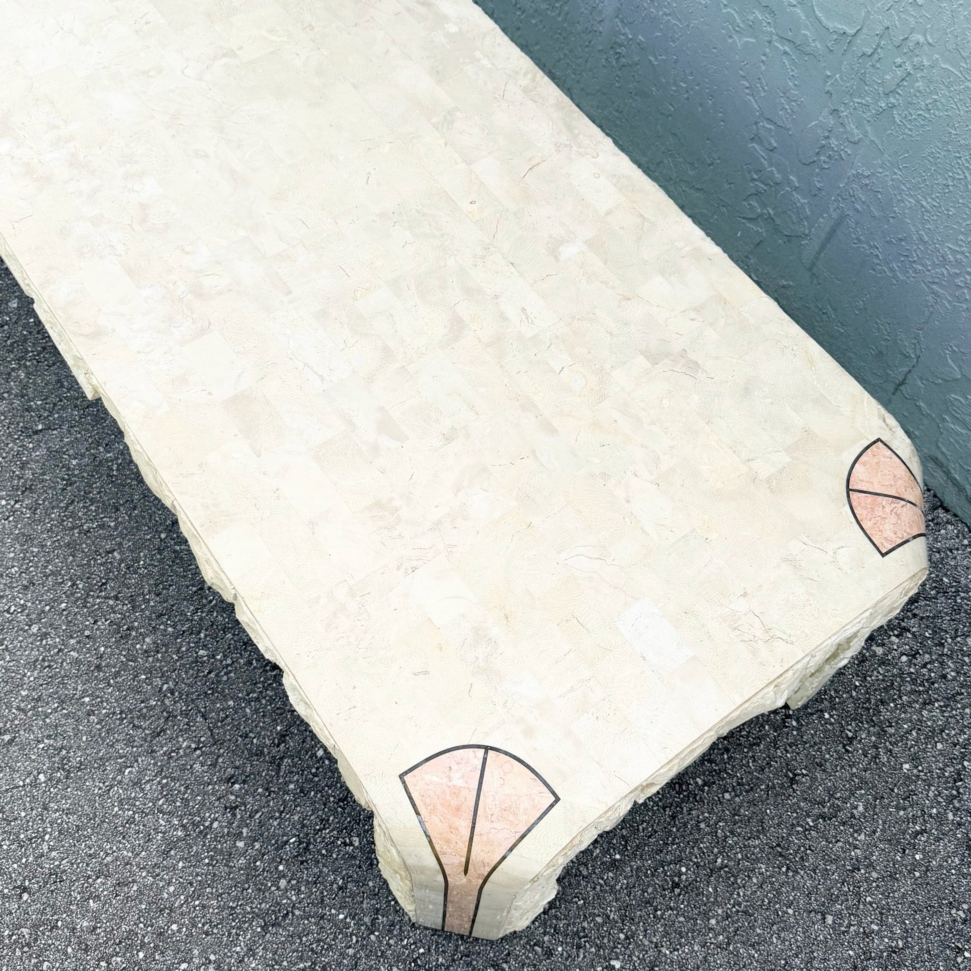 Postmodern Tessellated Beige and Pink Stone Coffee Table Brass Inlay Dolphin & Flamingo