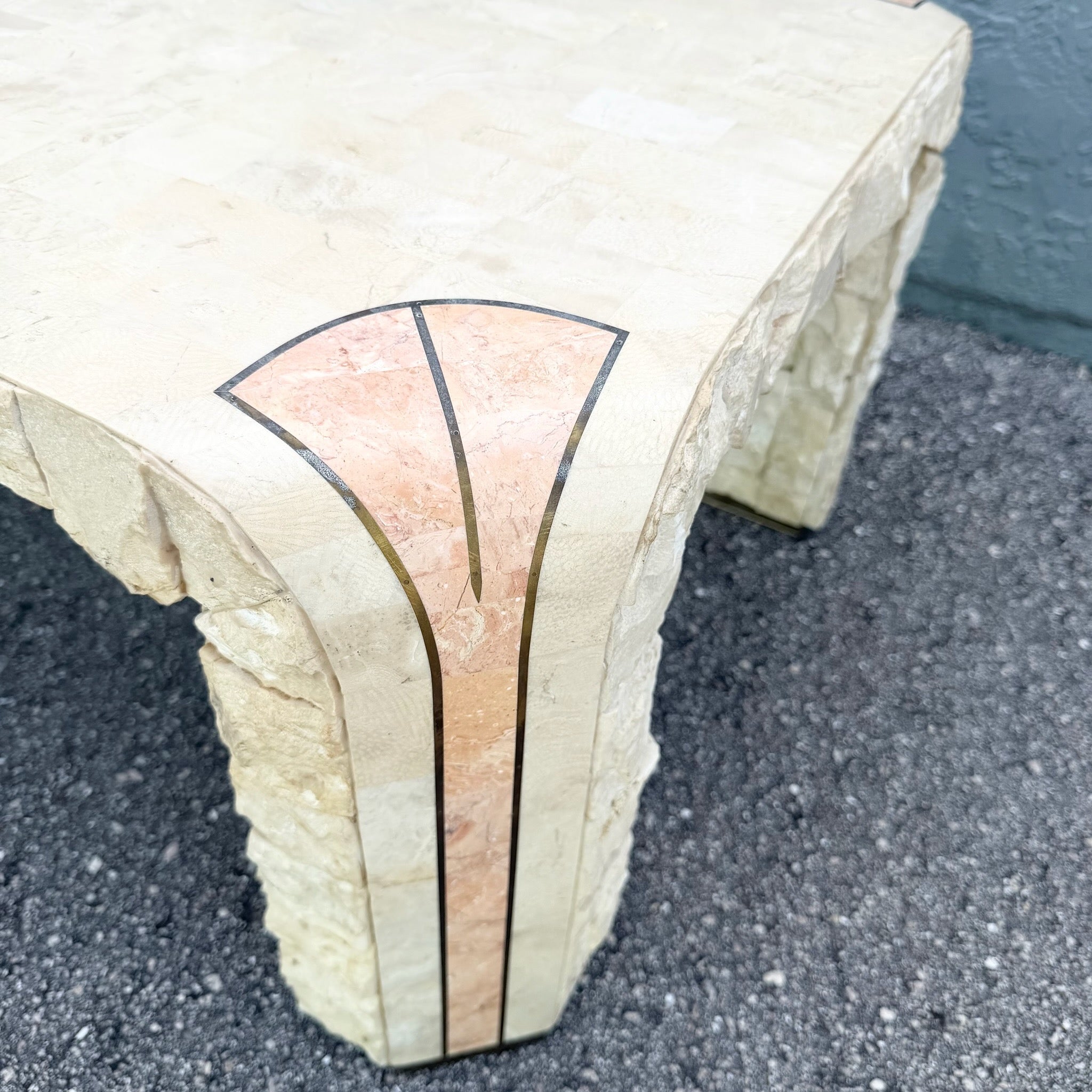Postmodern Tessellated Beige and Pink Stone Coffee Table Brass Inlay Dolphin & Flamingo
