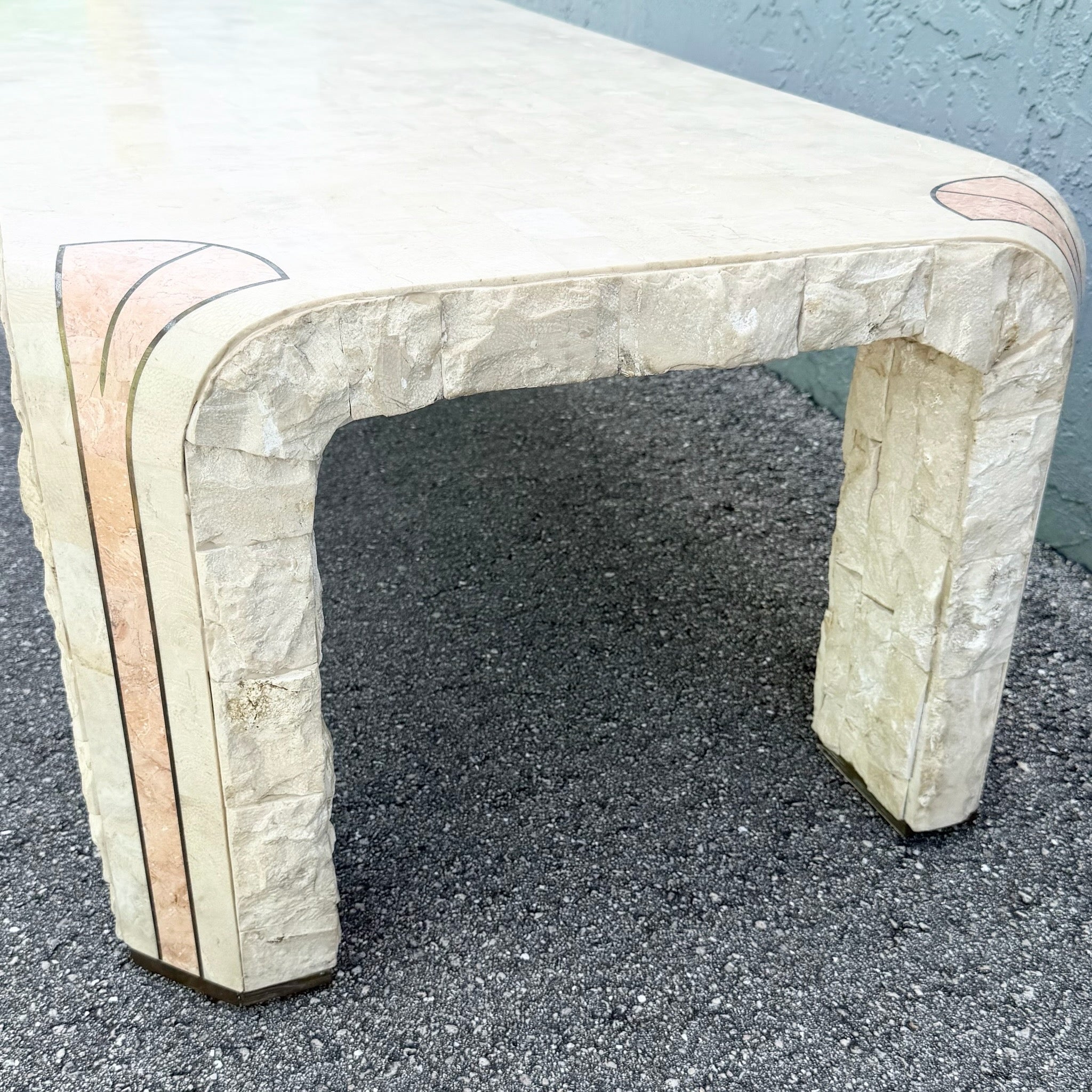 Postmodern Tessellated Beige and Pink Stone Coffee Table Brass Inlay Dolphin & Flamingo
