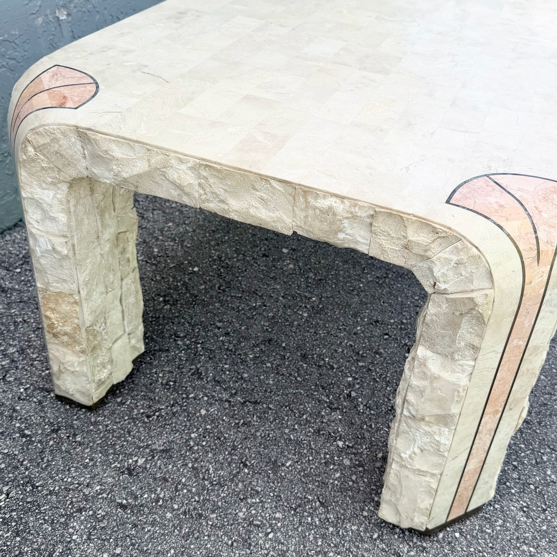 Postmodern Tessellated Beige and Pink Stone Coffee Table Brass Inlay Dolphin & Flamingo