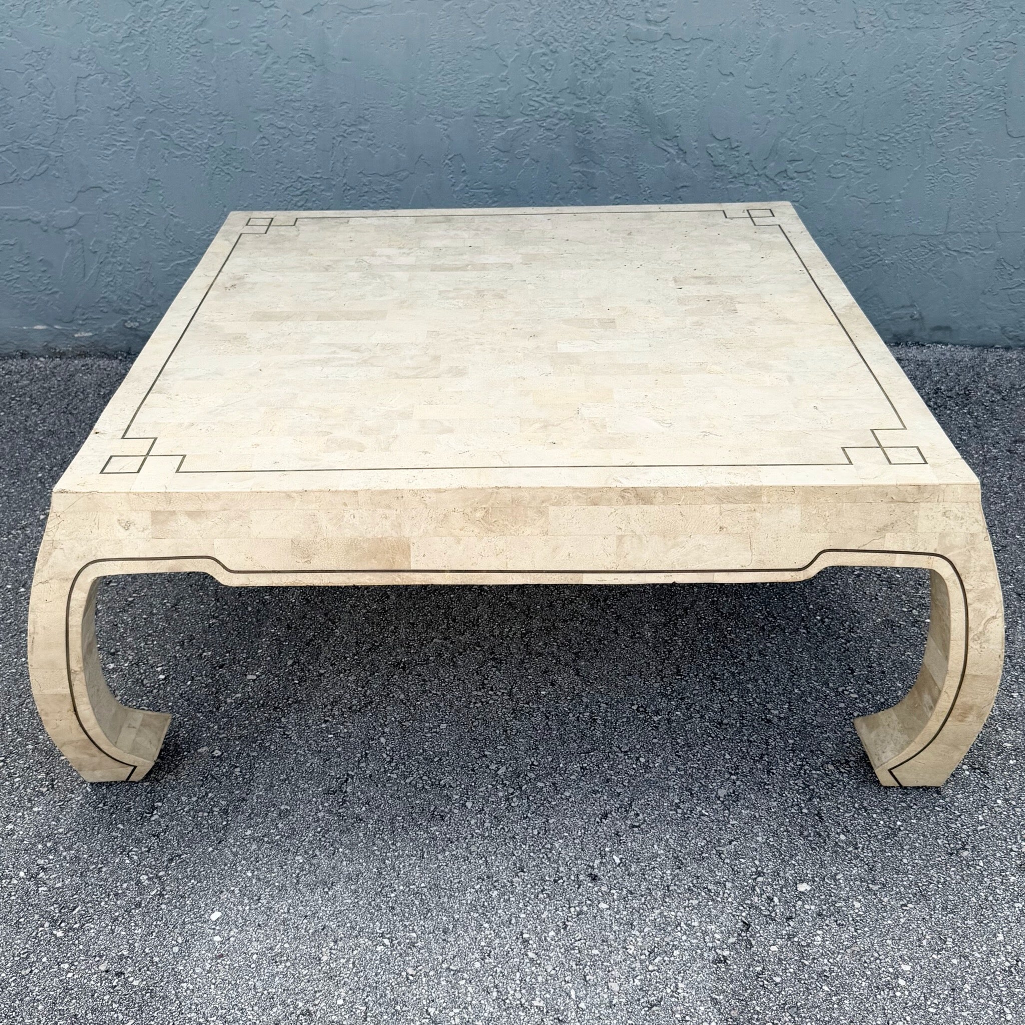 Vintage Ming Style Tessellated Stone Coffee Table With Brass Inlay Dolphin & Flamingo