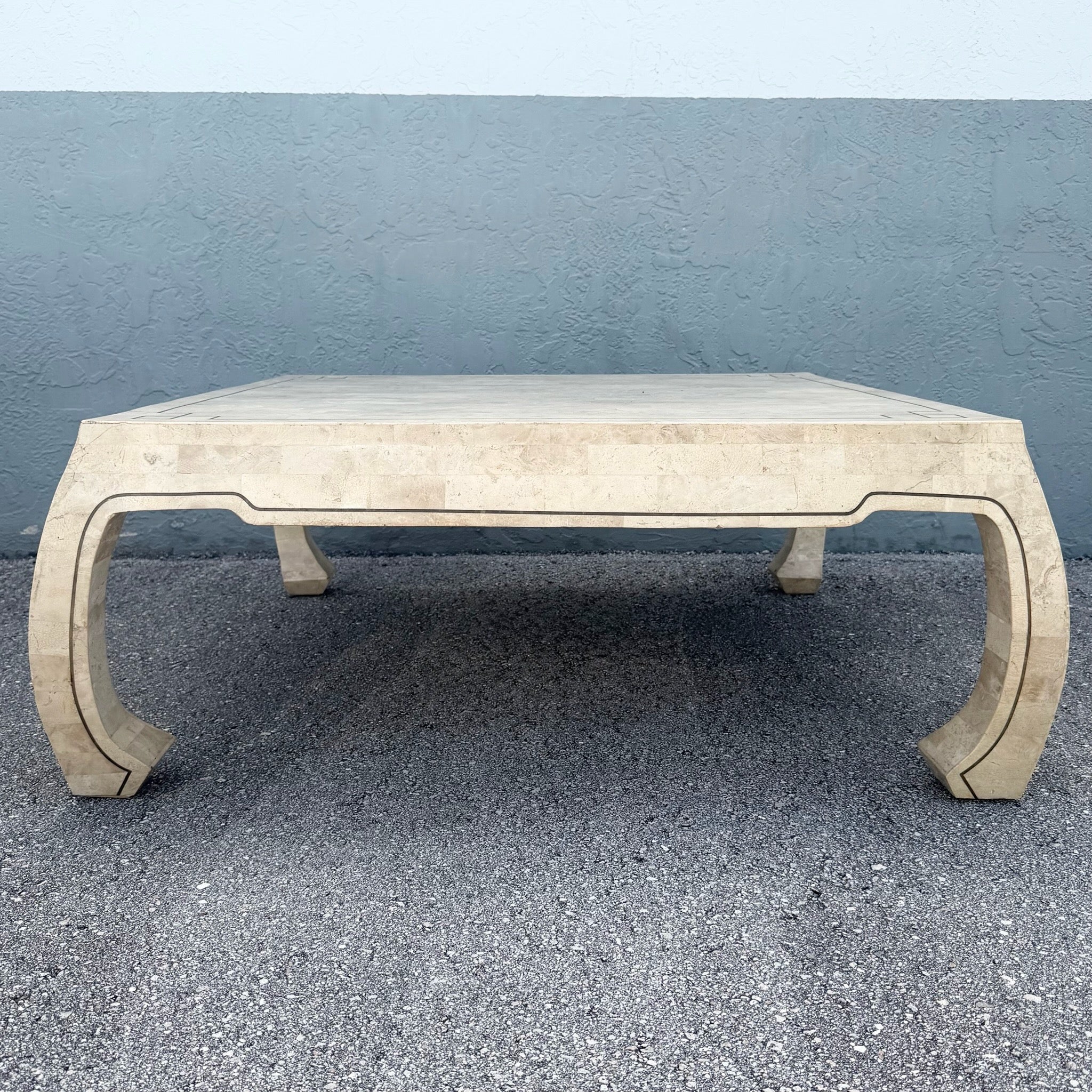Vintage Ming Style Tessellated Stone Coffee Table With Brass Inlay Dolphin & Flamingo