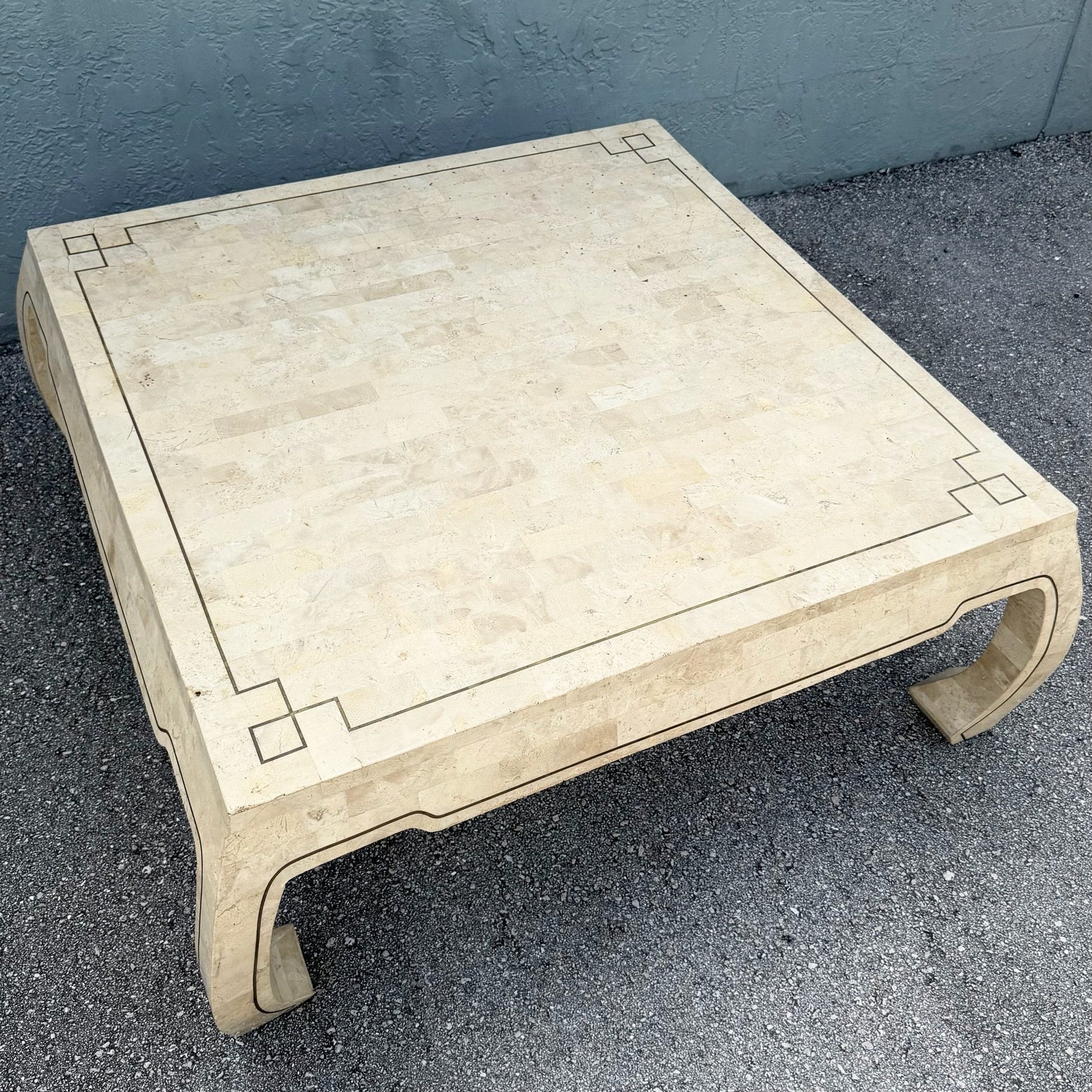 Vintage Ming Style Tessellated Stone Coffee Table With Brass Inlay Dolphin & Flamingo