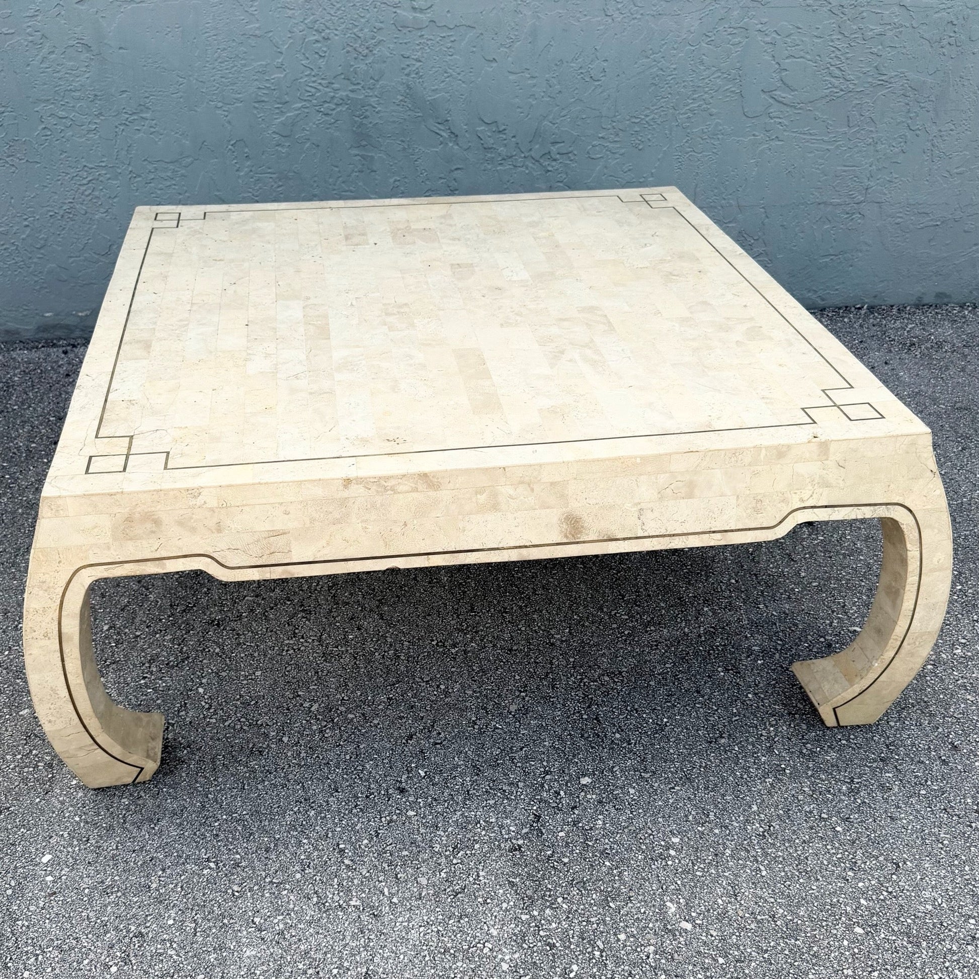 Vintage Ming Style Tessellated Stone Coffee Table With Brass Inlay Dolphin & Flamingo
