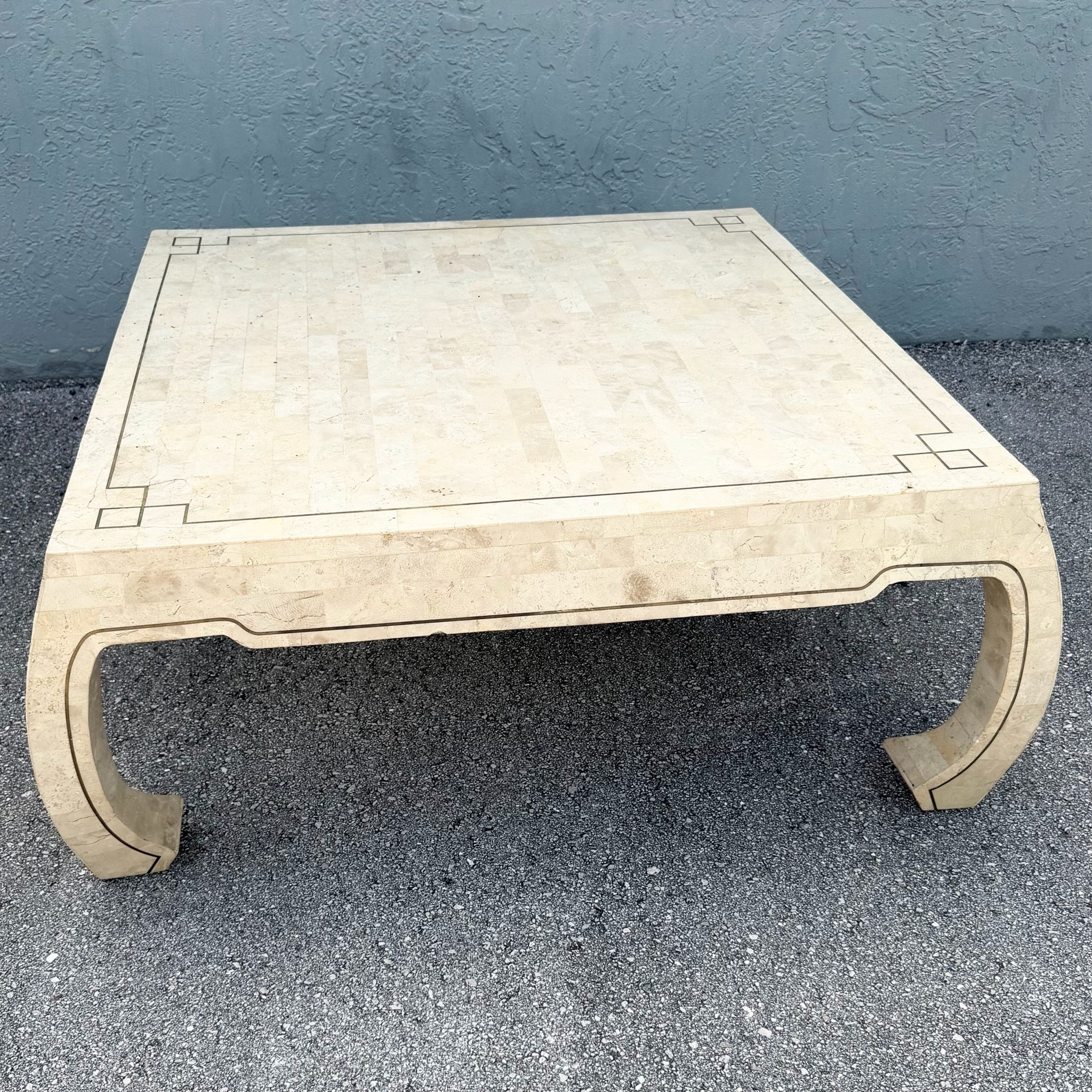 Vintage Ming Style Tessellated Stone Coffee Table With Brass Inlay Dolphin & Flamingo